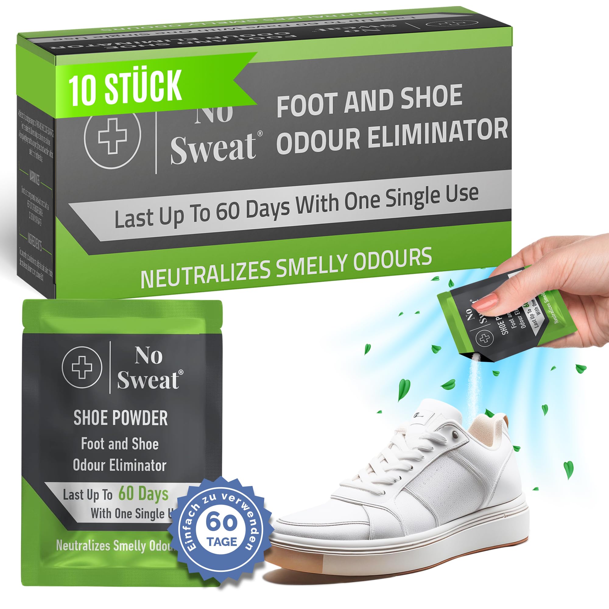 No Sweat Eliminador de olores para zapatos, forma de polvo, 10 unidades, ideal para neutralizar el olor de las botas de fútbol, en práctico set para hasta 60 días de frescura, controla la humedad