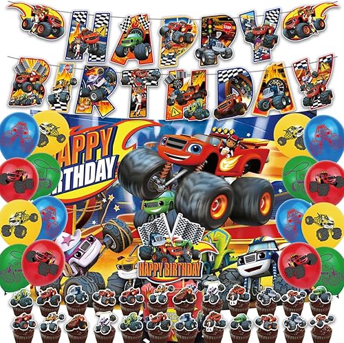 Miniatura 6 de Suministros de fiesta de cumpleaños para blaze Incluye pancarta de feliz cumpleaños inspirada en el fuego, fondo, decoración de pastel, 24 adornos