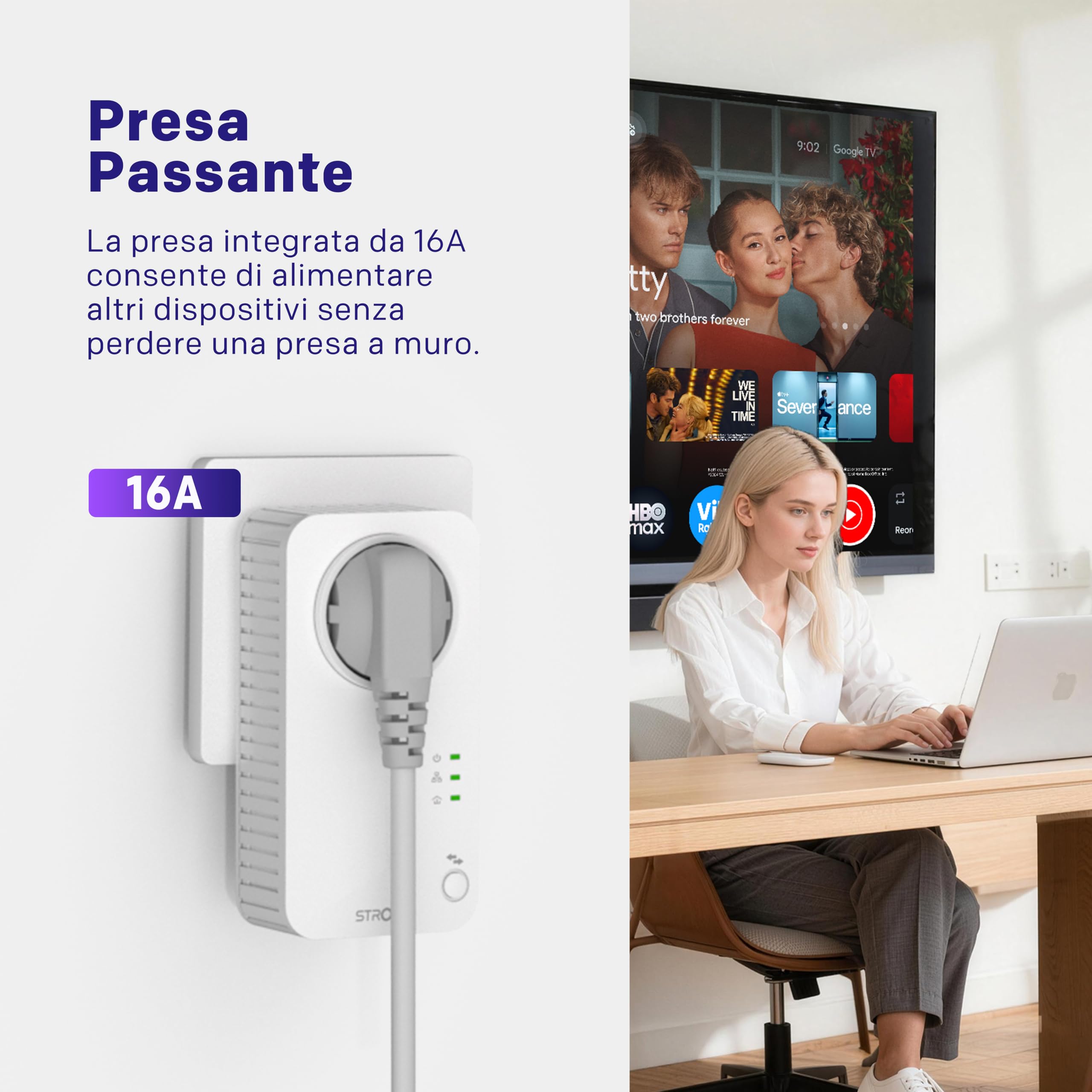 Strong AV600Mbps Kit Powerline con Pass-Through, Presa Integrata, Ripetitore Powerline Ethernet HomePlug AV2, Plug & Play, Compatibile con Router, Modalità Risparmio Energetico, Porta LAN 100Mbps