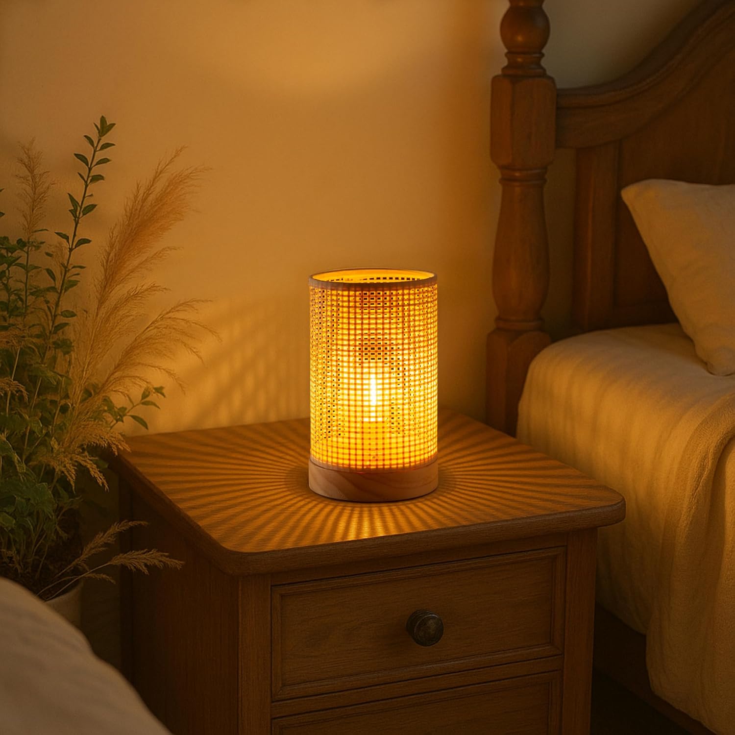 Battery Operated Lamp Boho Rattan Table Lamp with Timer, Battery Powered Lamp Bedside Cordless Accent Lamp for Livingroom/Entryway/Tabletop Decor Beige