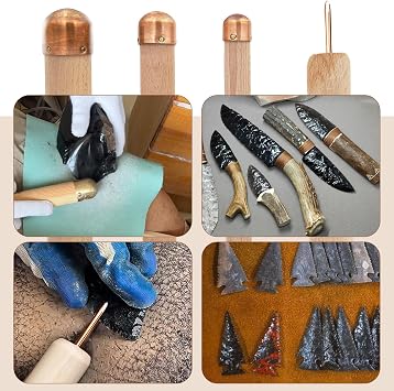 Flint Knapping Kit 3 Copper Boppers & 2 Pressure Flakers, Professional Flint Knapping and Stone Crafting Tools Set Includes PU Leather Case for Beginners and Pros