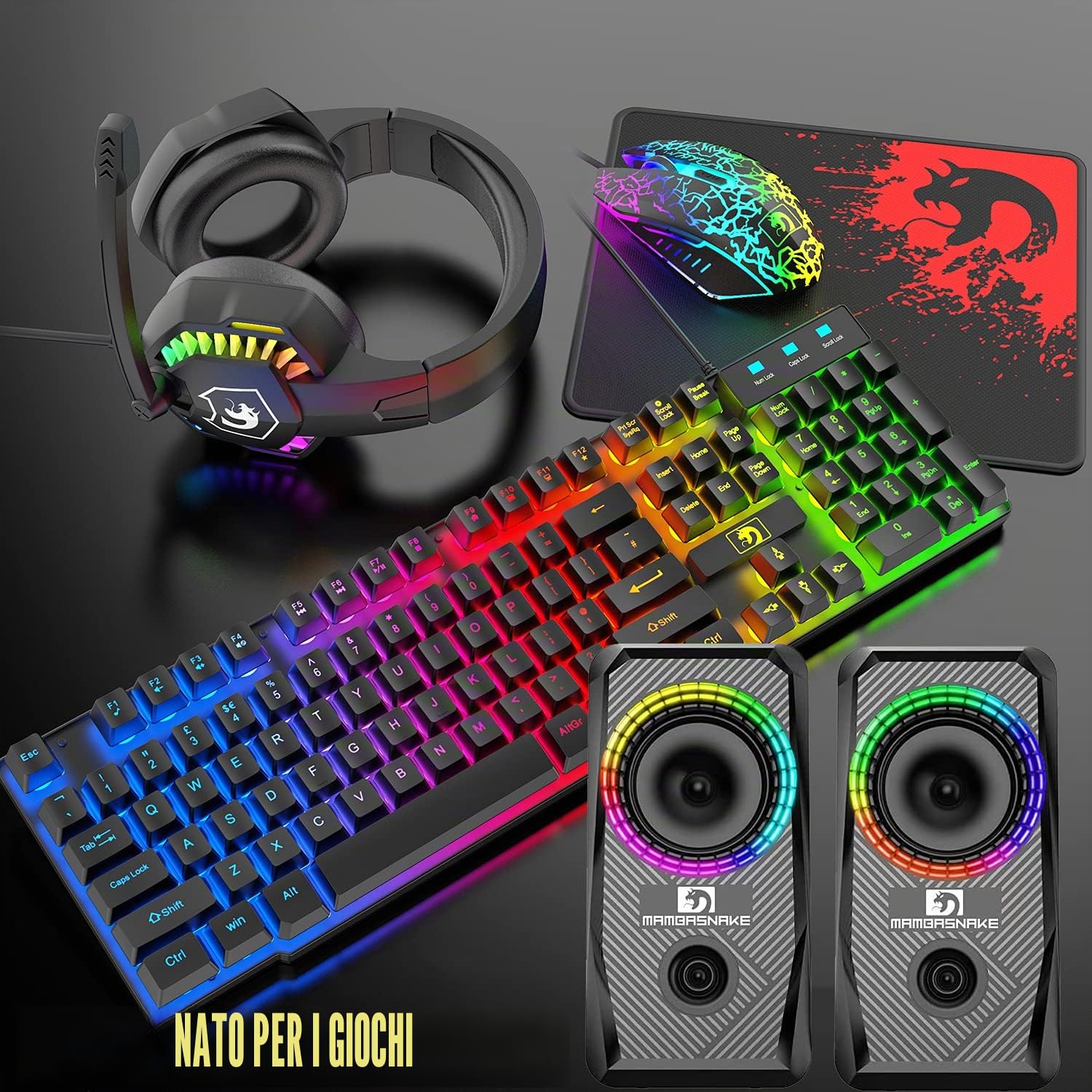 Regno Unito Layout Wired 104 Tasti da gioco Keyboard Tastiera per il mouse Altoparlante per cuffie 5 in 1 Combo con retroilluminazione multi RGB 2400DPI MICE Large Mousepad per PC Mac PS4 Xbox