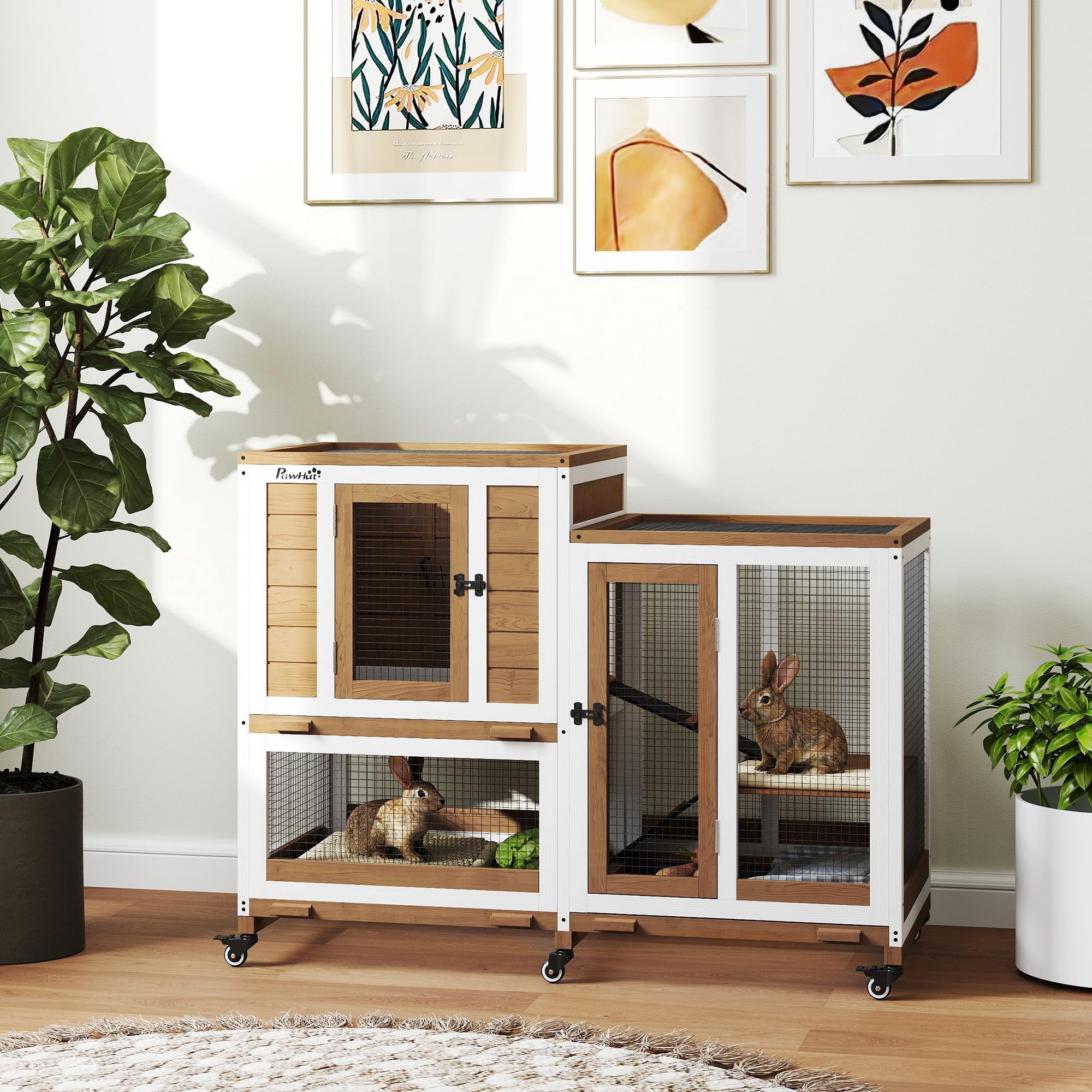 PawHut Conejera de Madera de 2 Niveles Jaula para Conejos con 6 Ruedas 2 Escaleras 3 Bandejas Extraíbles Puertas con Cerraduras y Zona Abierta Conejera para Interior 110x50x86 cm Marrón