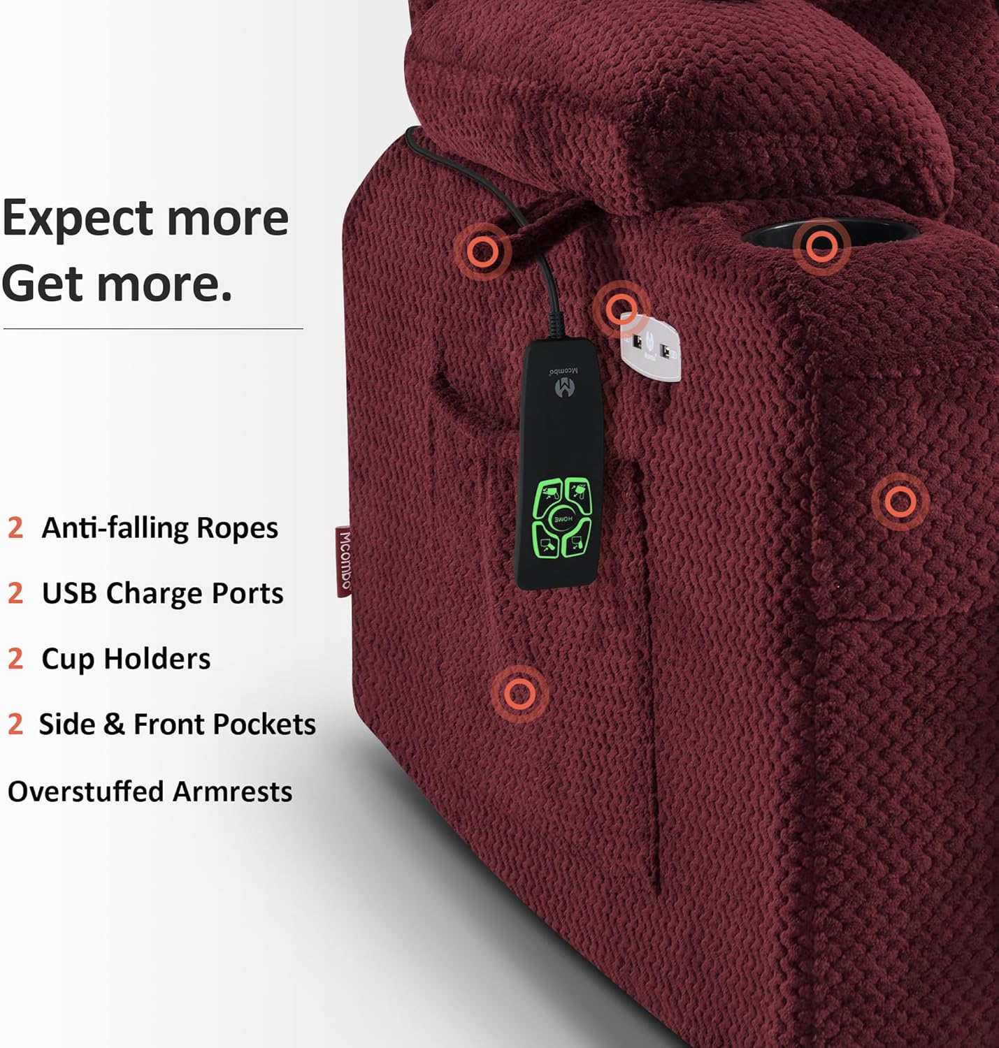 MCombo Dual Motor Power Lift Recliner Chair for Elderly, Lay Flat Lift Chair with Heat and Massage, Petite Wide Lift Chair, Cup Holders, USB A&C Ports, Fabric R7894 (Small-Wide, Burgundy)