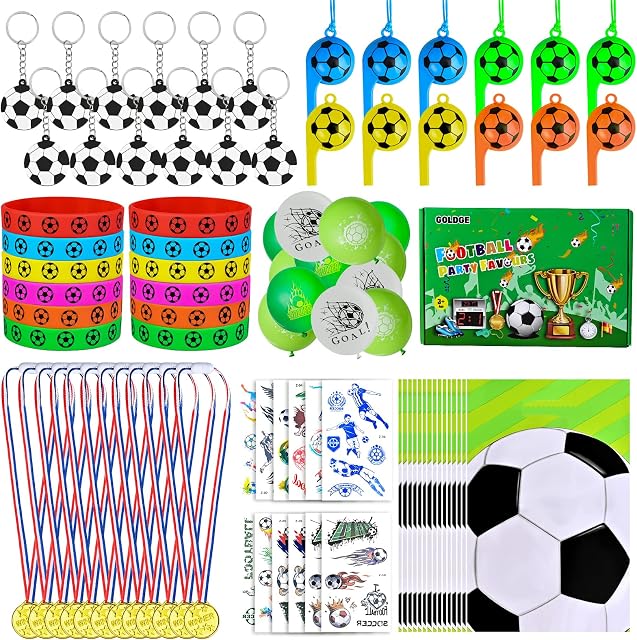 GOLDGE 87pcs Football Party Bags Fillers Party Supplies, Football Key Rings, Wristbands, Tattoos, Whistles, Balloons, Gift Bags, Winner Medals Football Party Favors for Kids Boys Girls Birthday Gift