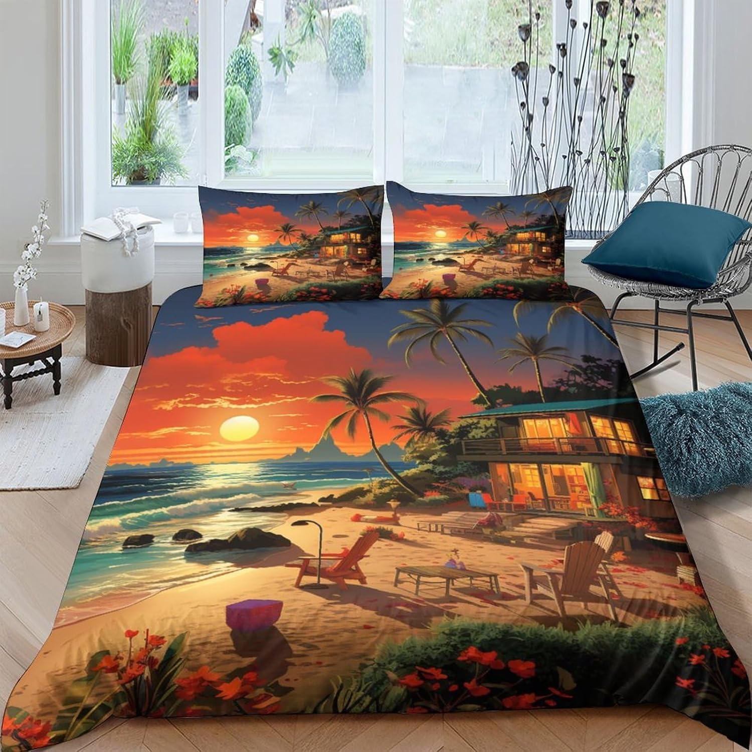 Housse de couette 200x200 cm plage en microfibre anti-plis zippée motif chien 3D