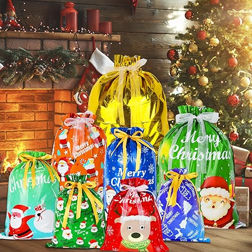 Miniatura 2 de Santa's 28 bolsas de regalo con cordón de Navidad, bolsas de envoltura con lazo de cinta, tamaños grandes, medianos y pequeños, 8 diseños de Navidad