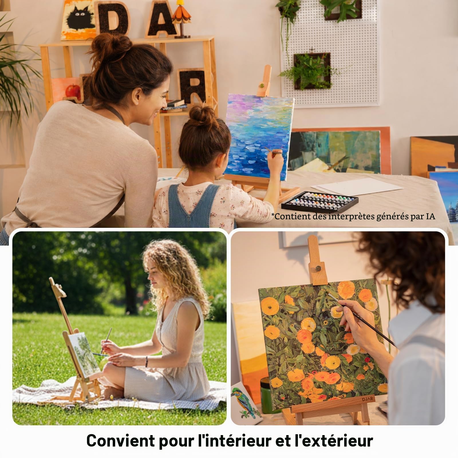 DJAR Chevalet de table de 25" pour peinture, chevalet de peinture en bois de hêtre réglable avec plateau de table, support portable pour dessin et peinture pour adolescents, adultes, étudiants
