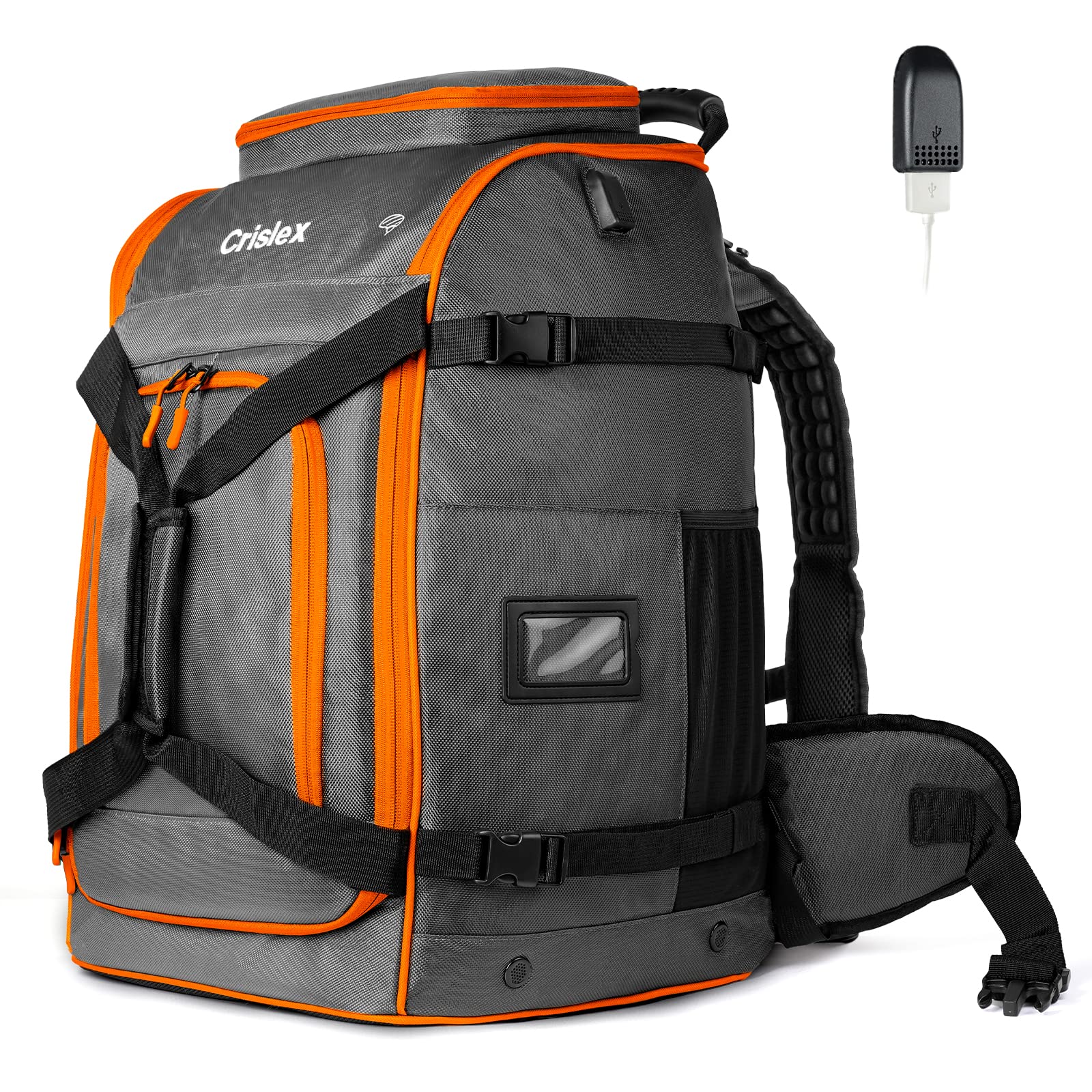 CRISLEX Ski Boot Bag, 65L Waterproof Padded Snowboard Boots Bag, Multi pocket Air Cushion Shoulder USB Skiing Gear Bag Ski Travel Backpack for Helmets, Goggles Men Women