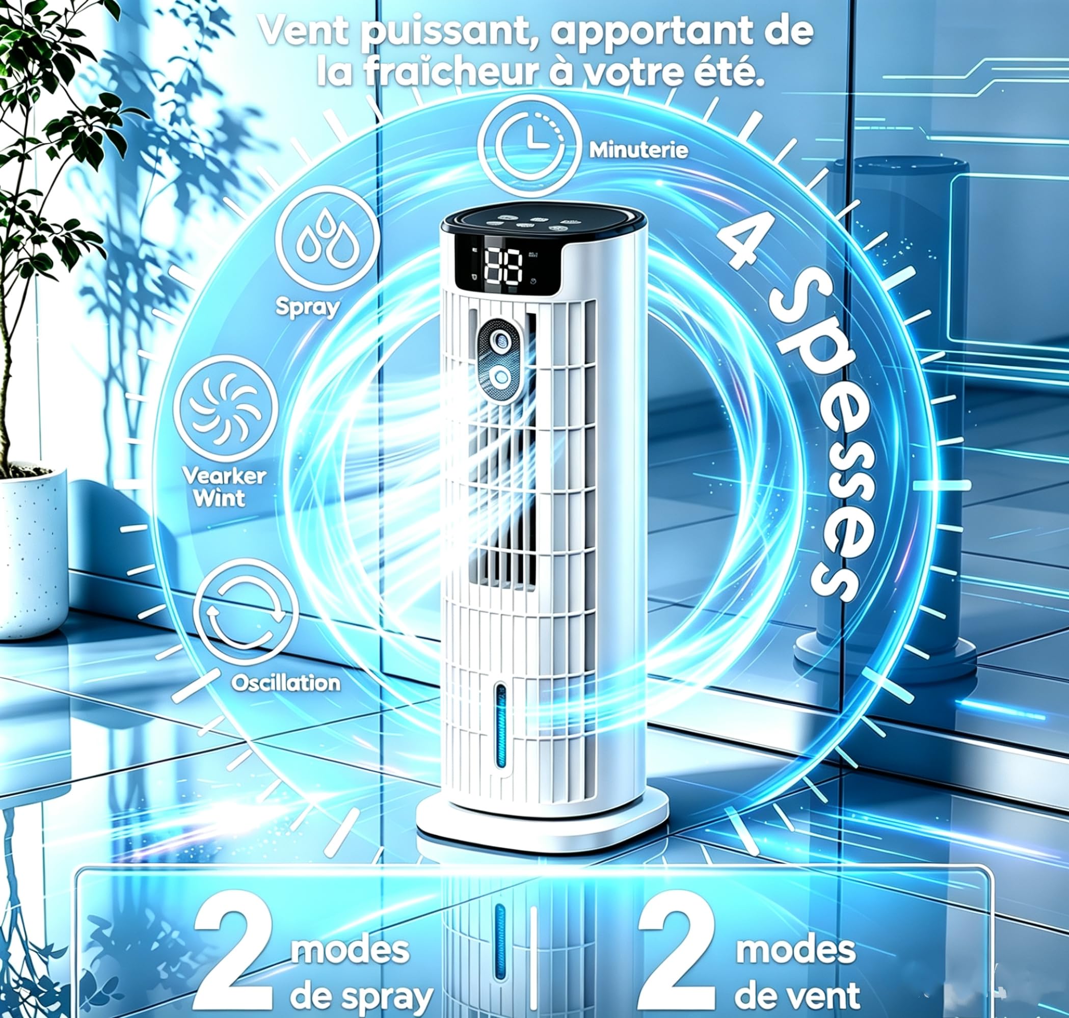 Climatiseur Mobile Silencieux Refroidisseur d'Air,Ultra-élevée,Refroidissement par Brume Froide, Timer 2-10h,6 Vitesses de Ventilation, 2 Modes,3 Niveaux Réglables, Oscillation 90°,pour Chambre,Bureau
