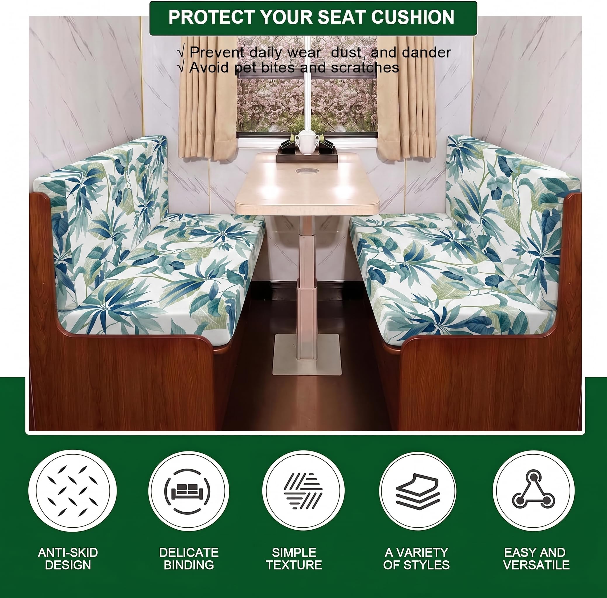 LiveGo Housse de coussin de rechange extensible pour canapé de véhicule récréatif, housse de coussin de rechange pour banc de camping-car, housses de dossier et housses de banc (feuilles F)