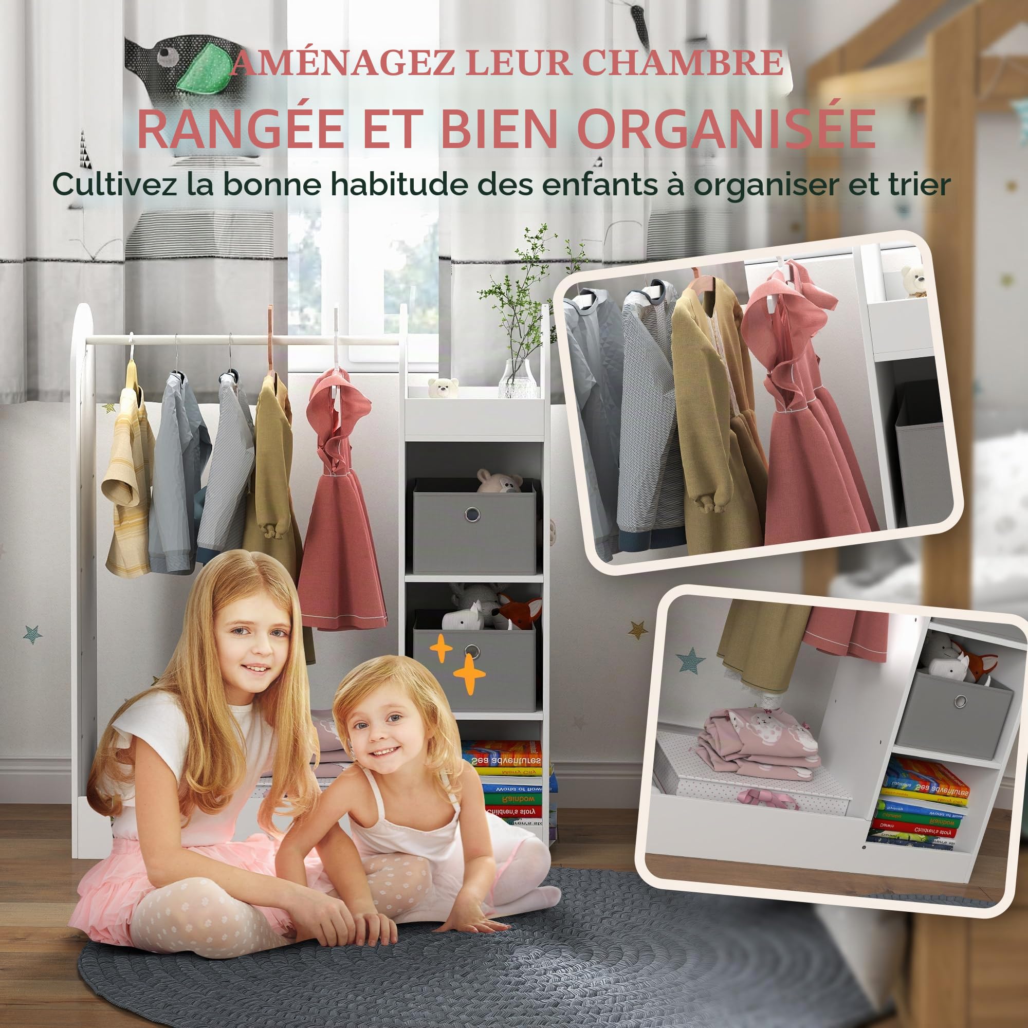 AIYAPLAY Tringle à vêtements pour enfants avec étagère de rangement, boîtes, miroir, armoire pour chambre à coucher, chambre d'enfant, crèche, blanc