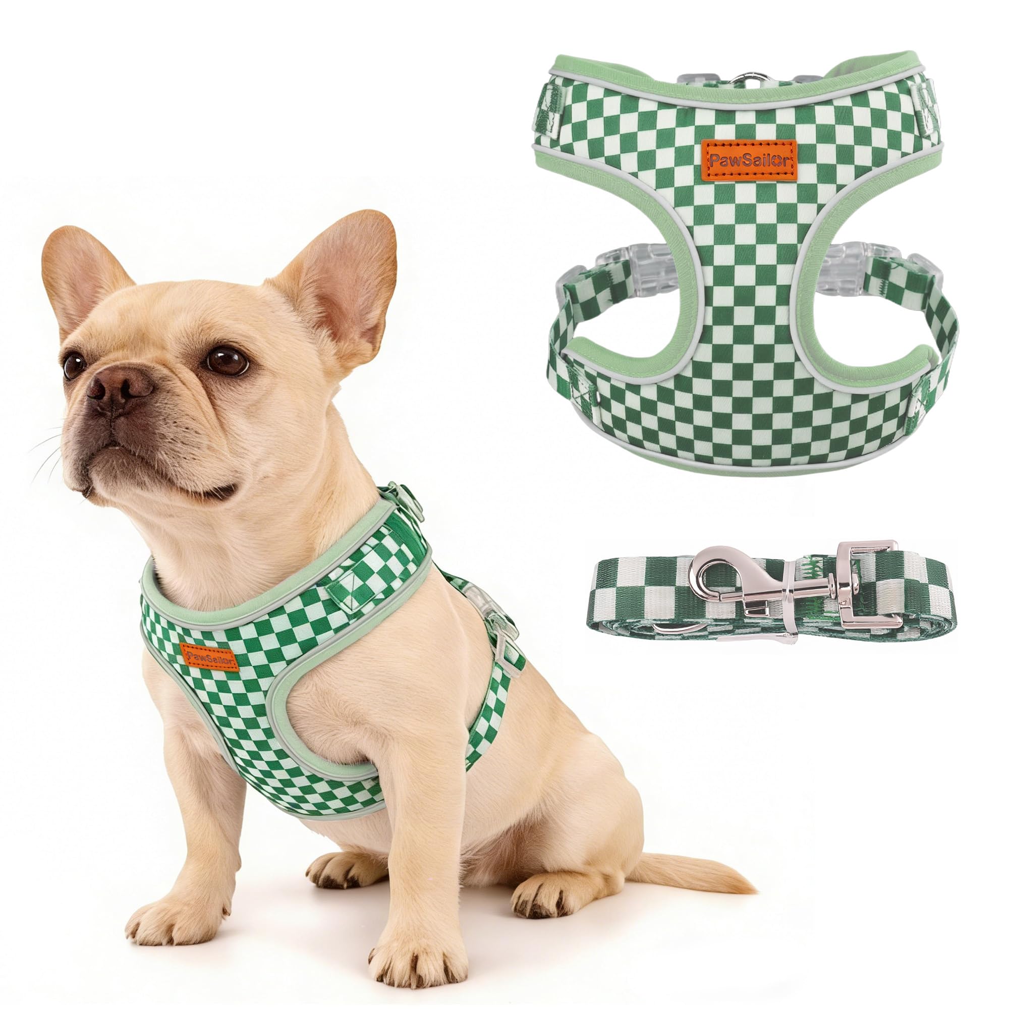 PawSailor Small Dog Harness with Lead Set No Pull Breathable Mesh Puppy Harnesses with Adjustable Buckles Reflective Soft Padded Checkered Pattern Pet Vest for Small Medium Dogs and Cats, Green L