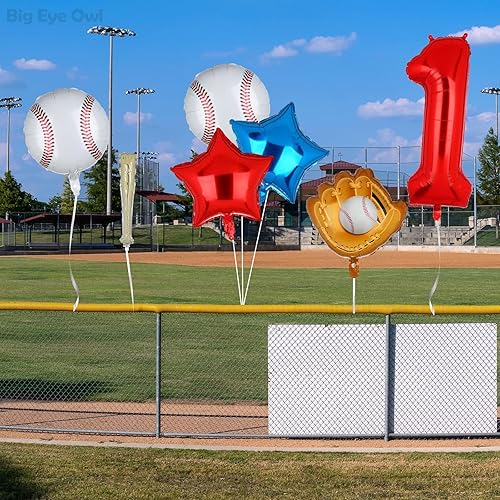 Miniatura 7 de Novato del año 1er cumpleaños decoraciones de béisbol papel de aluminio rojo número 1 globos conjunto de un primer cumpleaños suministros para