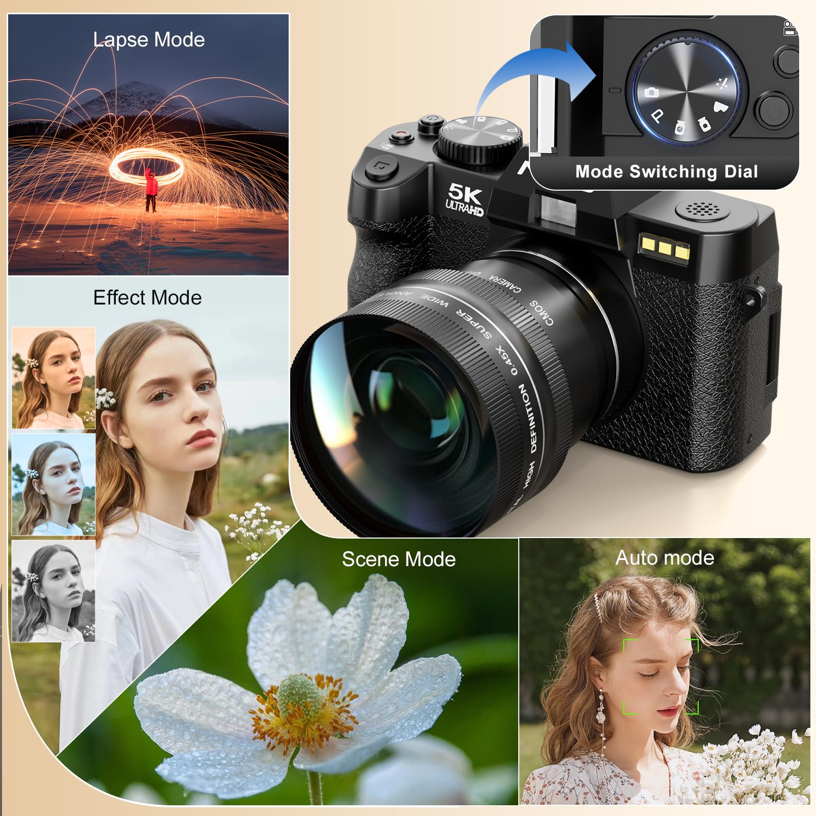 NBD 5K Digital Cameras for Photography - 16X Zoom Travel Camera with 180° Flip Screen, 64MP Vlogging Cameras Fotograficas for YouTube, Auto Focus, Macro Lens, 2 Batteries & 64GB TF Card（Black）