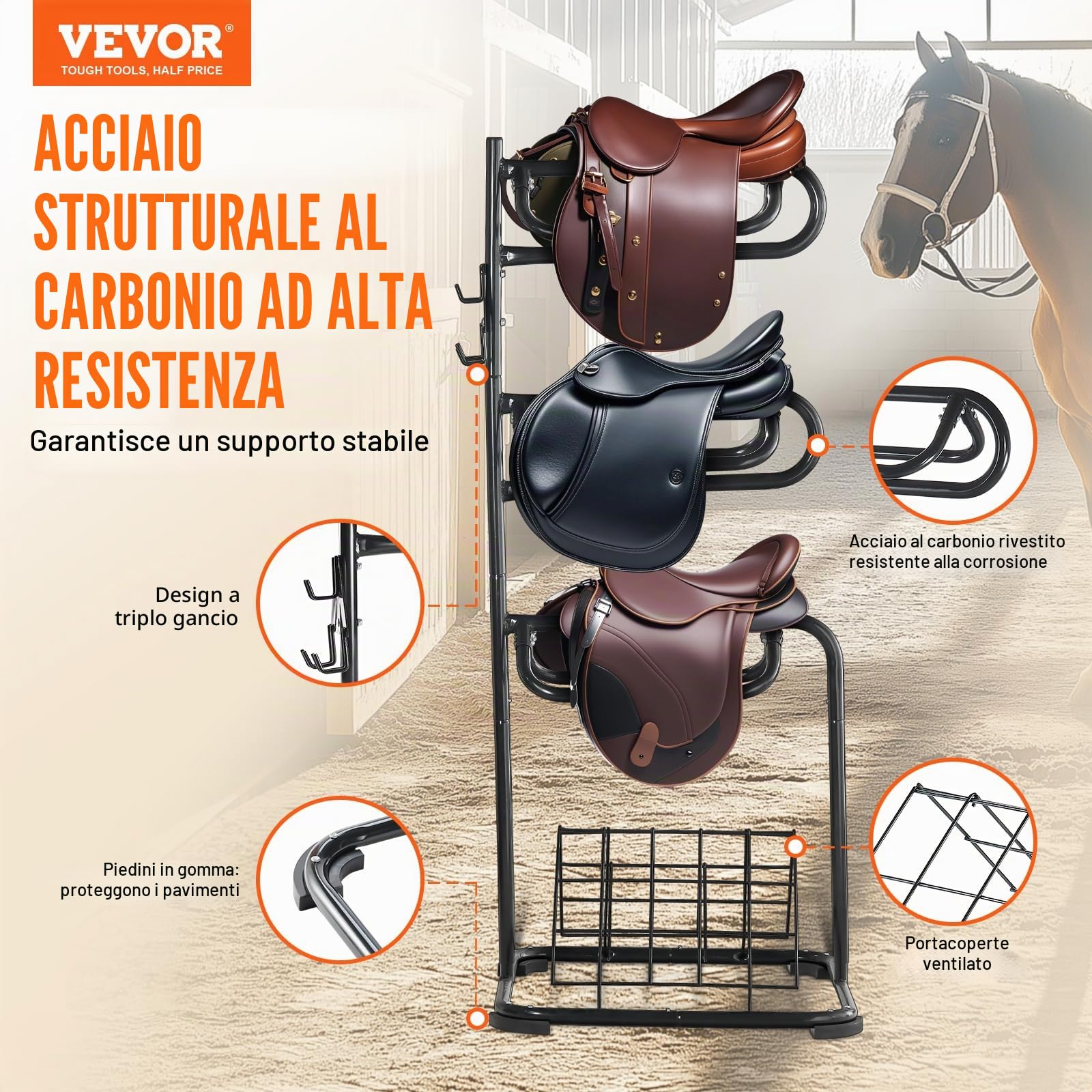 VEVOR Supporto per Sella Autoportante, Supporto per Sella a 3 Livelli, Supporto per Coperta Sella Resistente con Livelli Rimovibili Rotanti, Supporto per Sella Inglese Western, 76,2 x 76,2 x 173,9 cm