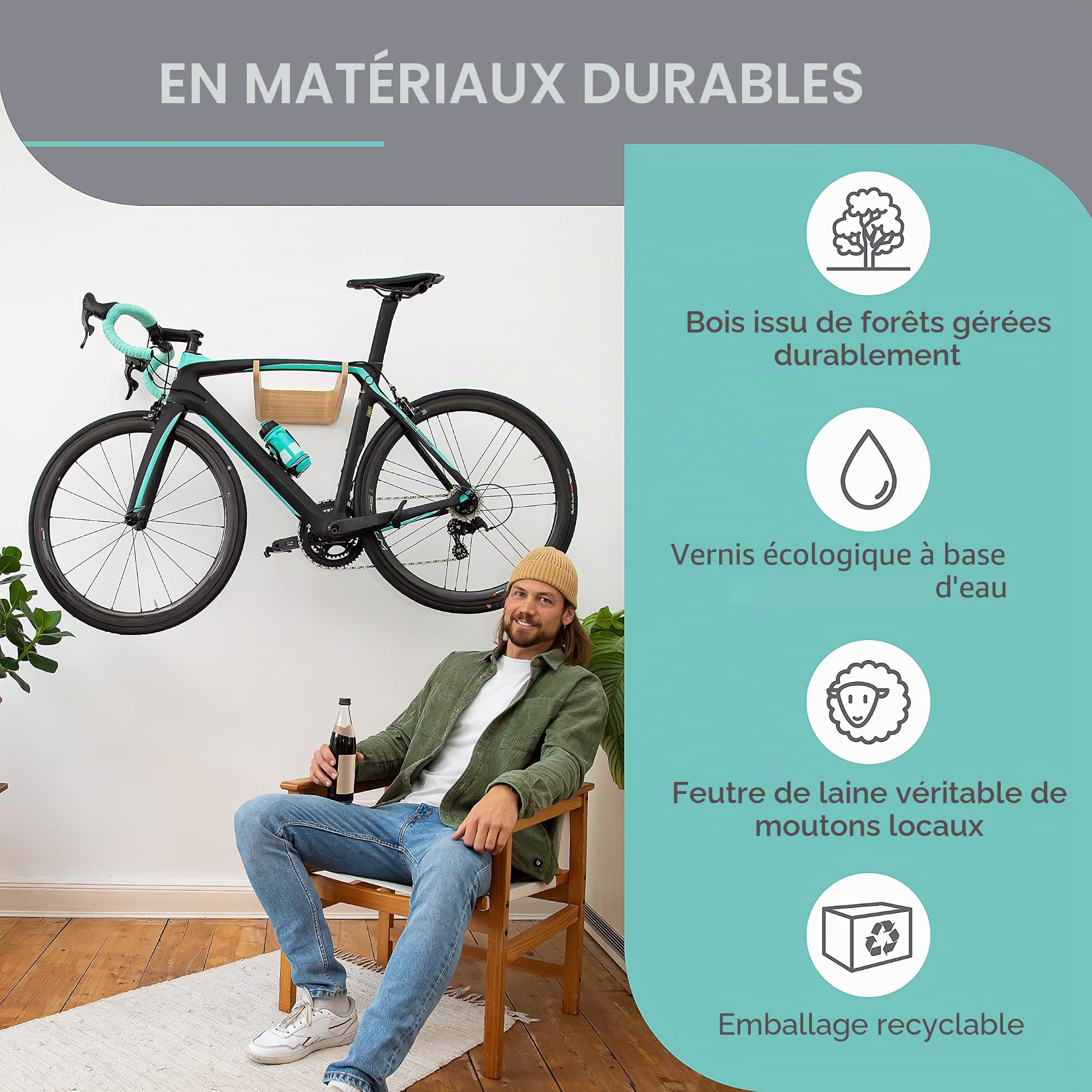 Support mural pour vélo en bois - FlyBike M Chêne - Support mural de vélo design pour appartement - Pour vélo de course, vélo de gravel, vélo de montagne, fixie, vélo singlespeed