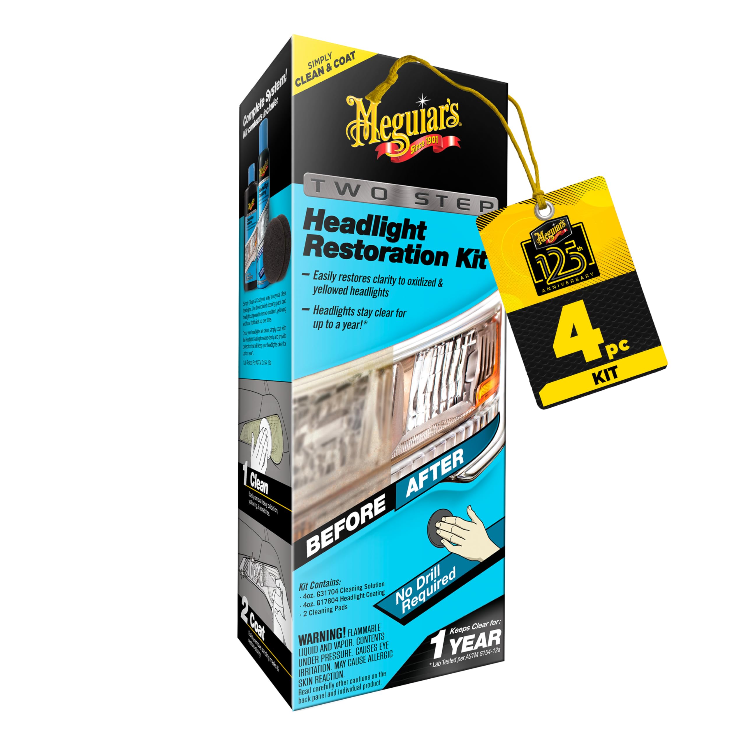 Meguiar's Two Step Headlight Restoration Kit, Headlight Cleaner Restores Clear Car Plastic and Protects from Re-Oxidation, Includes Headlight Coating and Cleaning Solution - 4 Count (1 Pack)