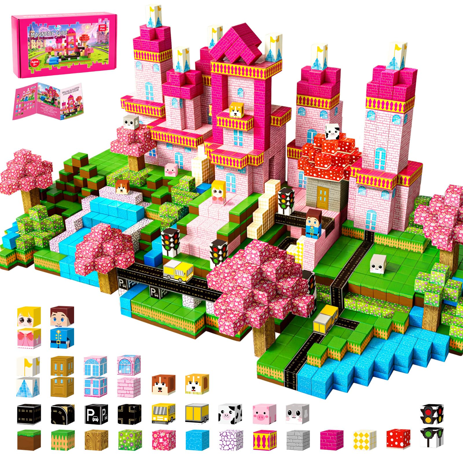 500PCS Magnetic Blocks for Kids Ages 3-8, Princess Castle Magnetic Building Cubes,Birthday Gifts for Girls Toddler STEM Sensory Montessori Toys Magnetic Blocks for Daughter