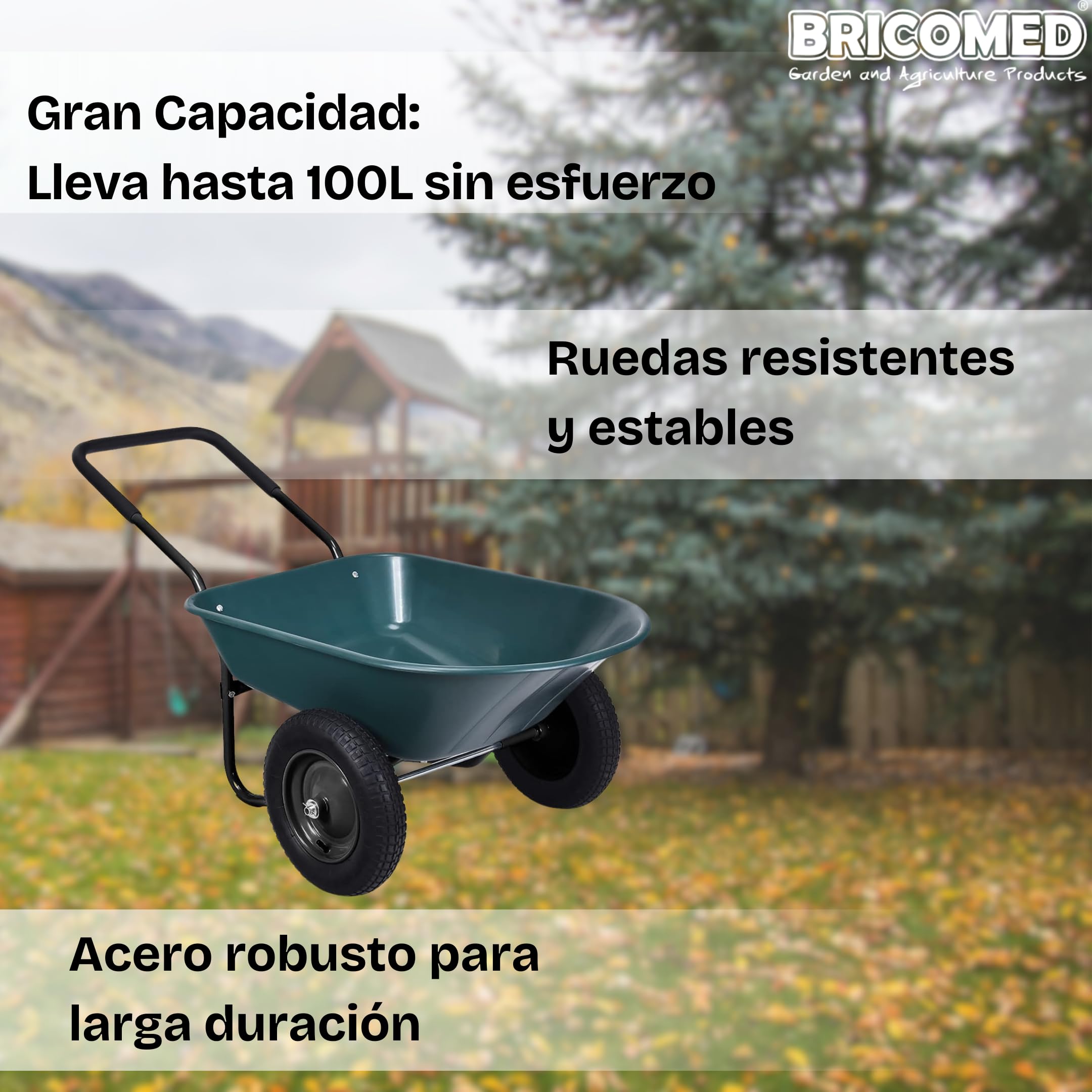 Carretilla Jardin | 124x66x70,5 cm | Carretillas de Acero Robusto Recubierto De Polvo Epoxi, Capacidad De 100L Y 120 kg, Neumáticos | Carretilla De Carga Jardin | Carretilla de Jardin