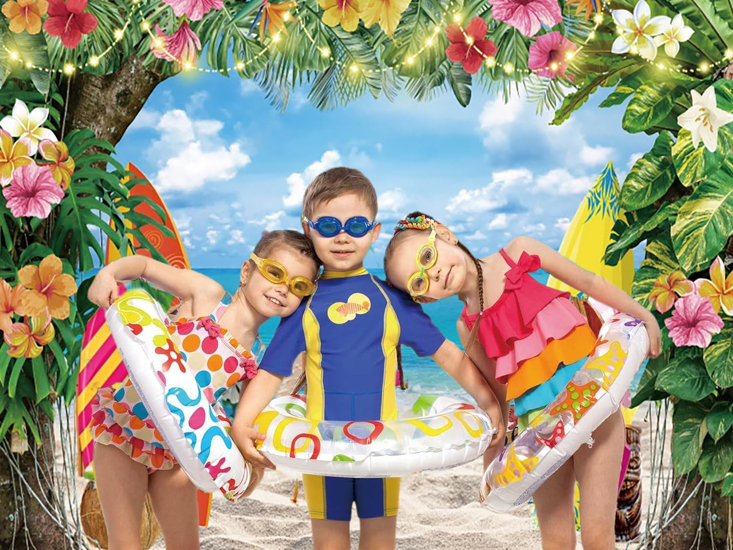 3x2m Sfondo Spiaggia estate hawaiano tropicale foglie di palma fiori tavola da surf cielo blu fotografia sfondo matrimonio baby shower compleanno Luau Party decorazione Photo Booth Props