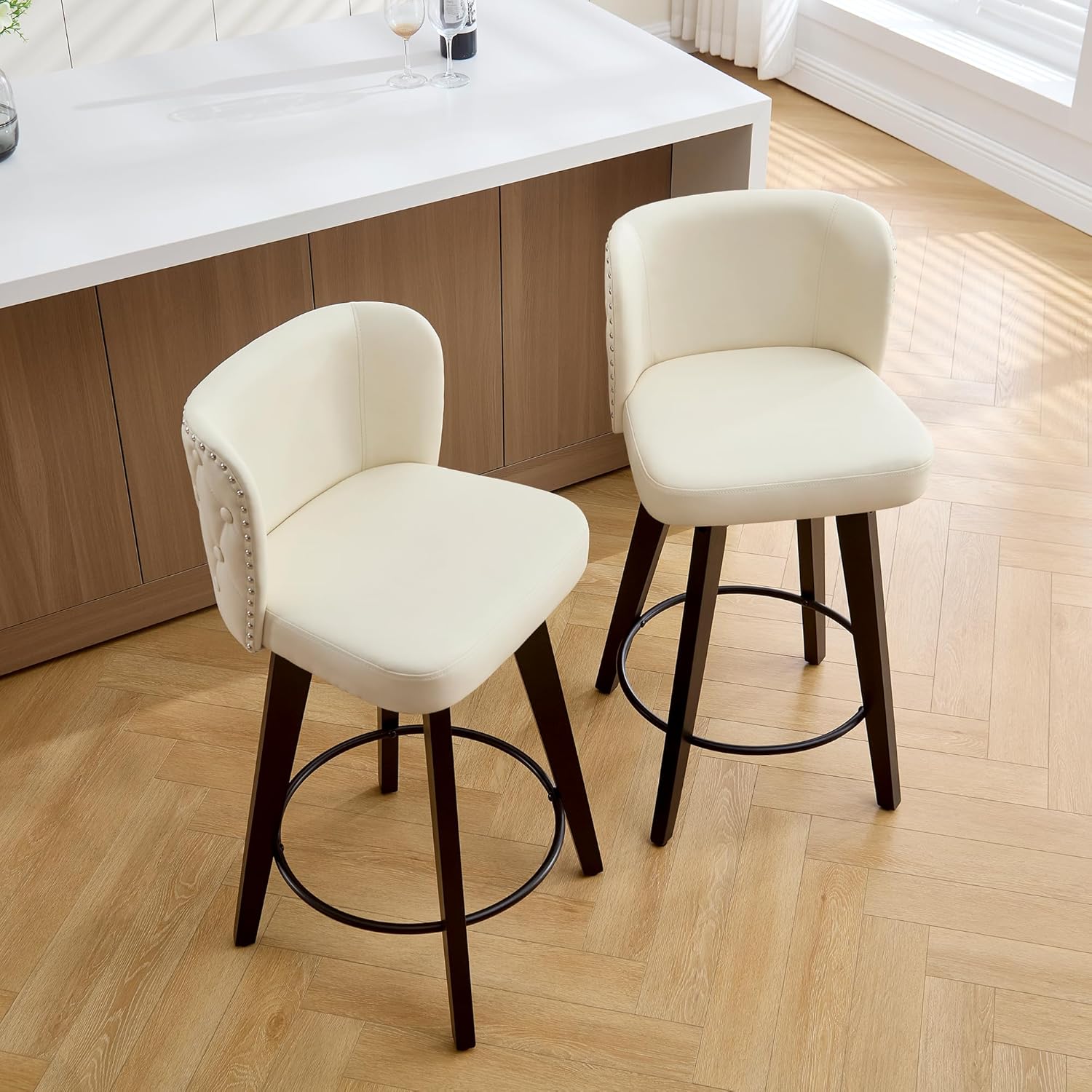 Swivel Bar Stool Set of 1, Faux Leather Low Back Counter Height Bar Stools, 27.5" Upholstered Tufted Counter Barstools with Wood Legs for Kitchen Island, Home Bar (Beige)