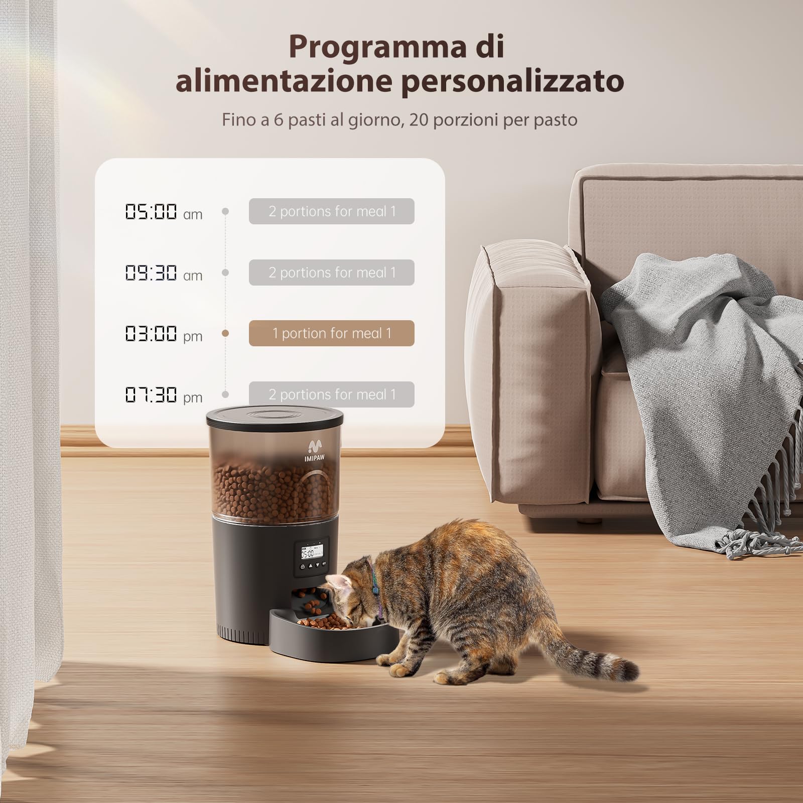 IMIPAW Distributore Automatico Cibo Gatti - 3L Dispenser Cibo Gatti con Timer Programmabile, 1-6 Pasti al Giorno, per Animali Di Piccola e Media Taglia
