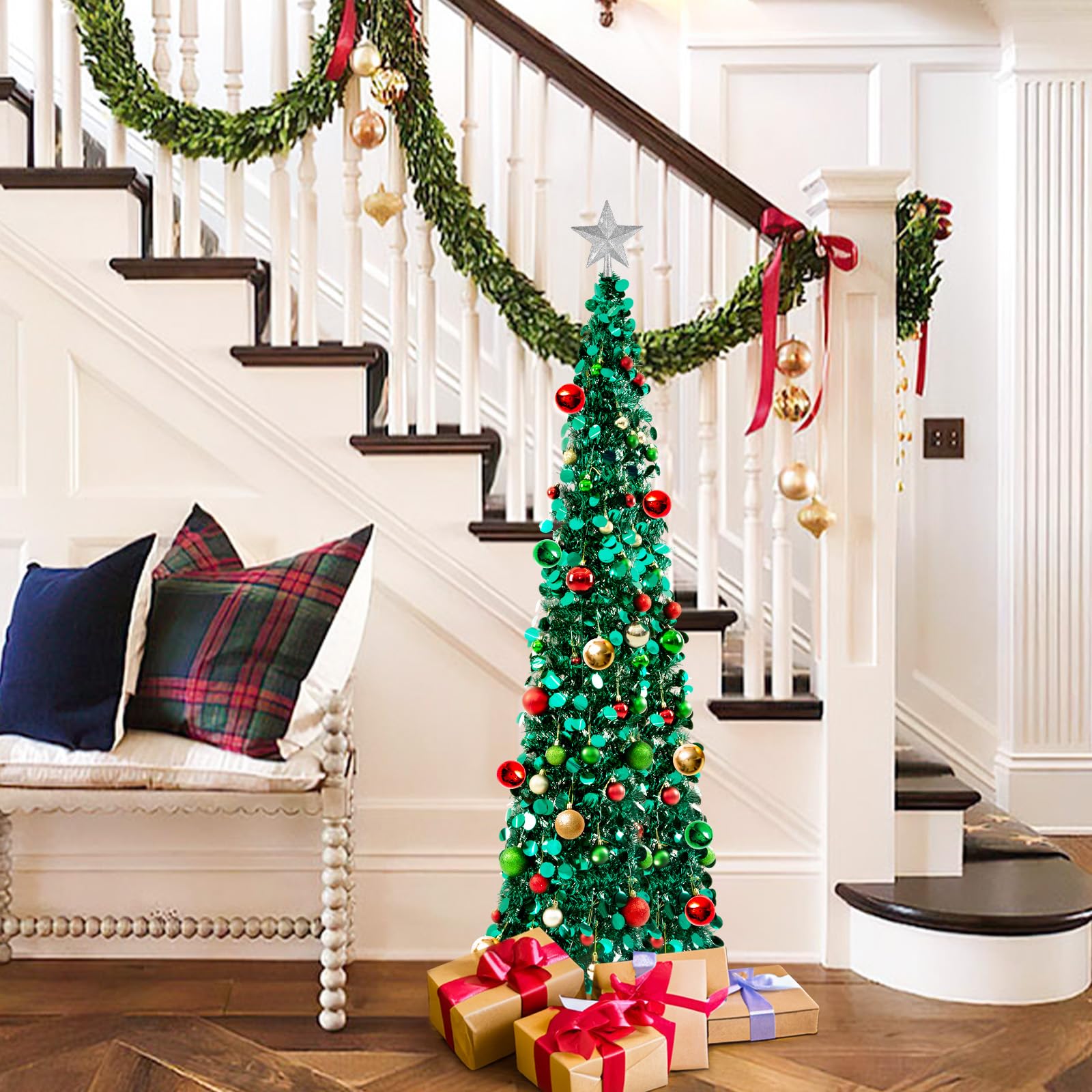 MACTING Künstlicher Weihnachtsbaum Mit Beleuchtung, 5Ft/1.5m Pfauenblau Tannenbaum Künstlich, Zusammenklappbarer Pop-up Christbaum