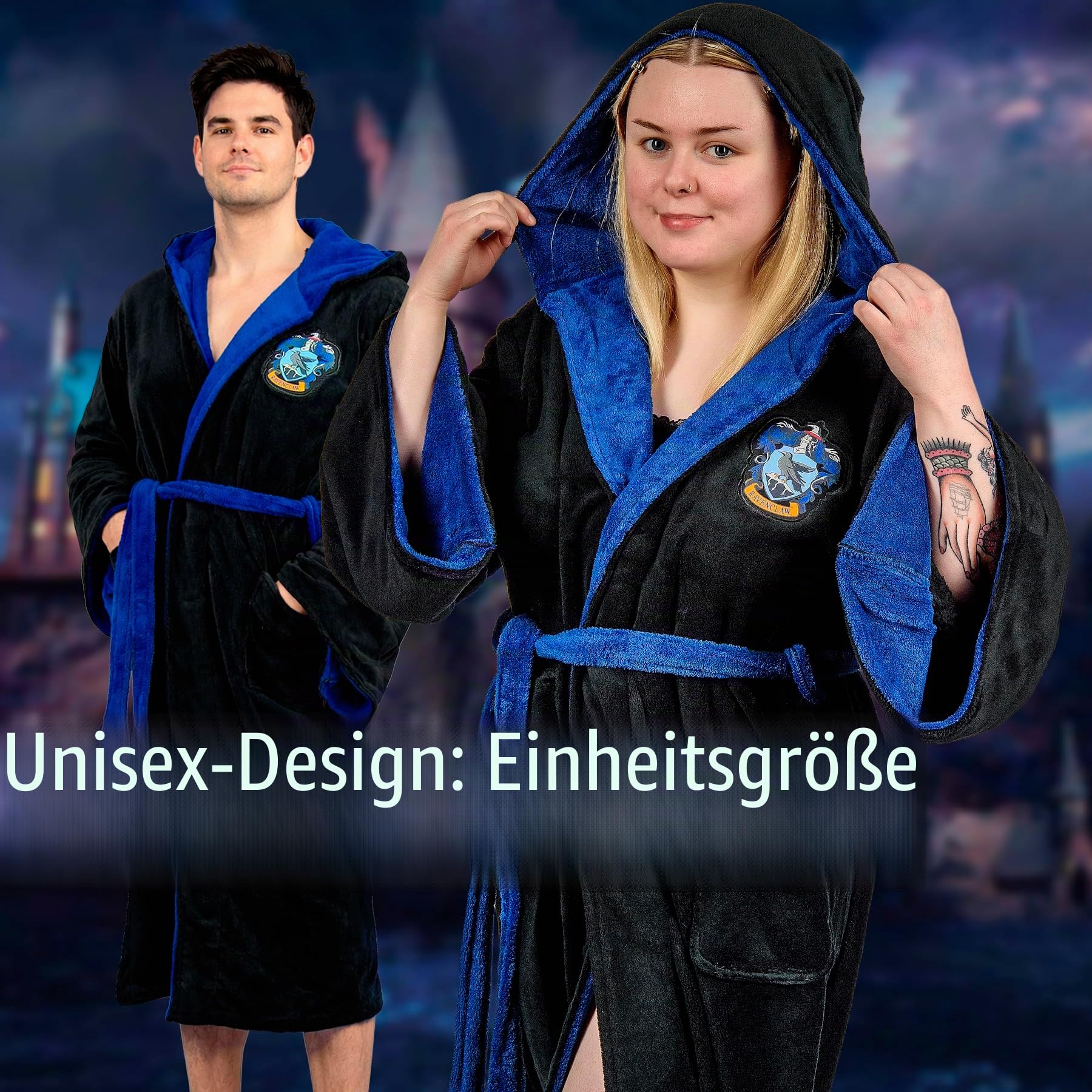 Harry Potter Bademantel Damen - Ravenclaw-Wappen mit Kapuze - weicher Fleece Morgenmantel - HP Geschenke für Damen Frauen Teenager Mädchen Erwachsene