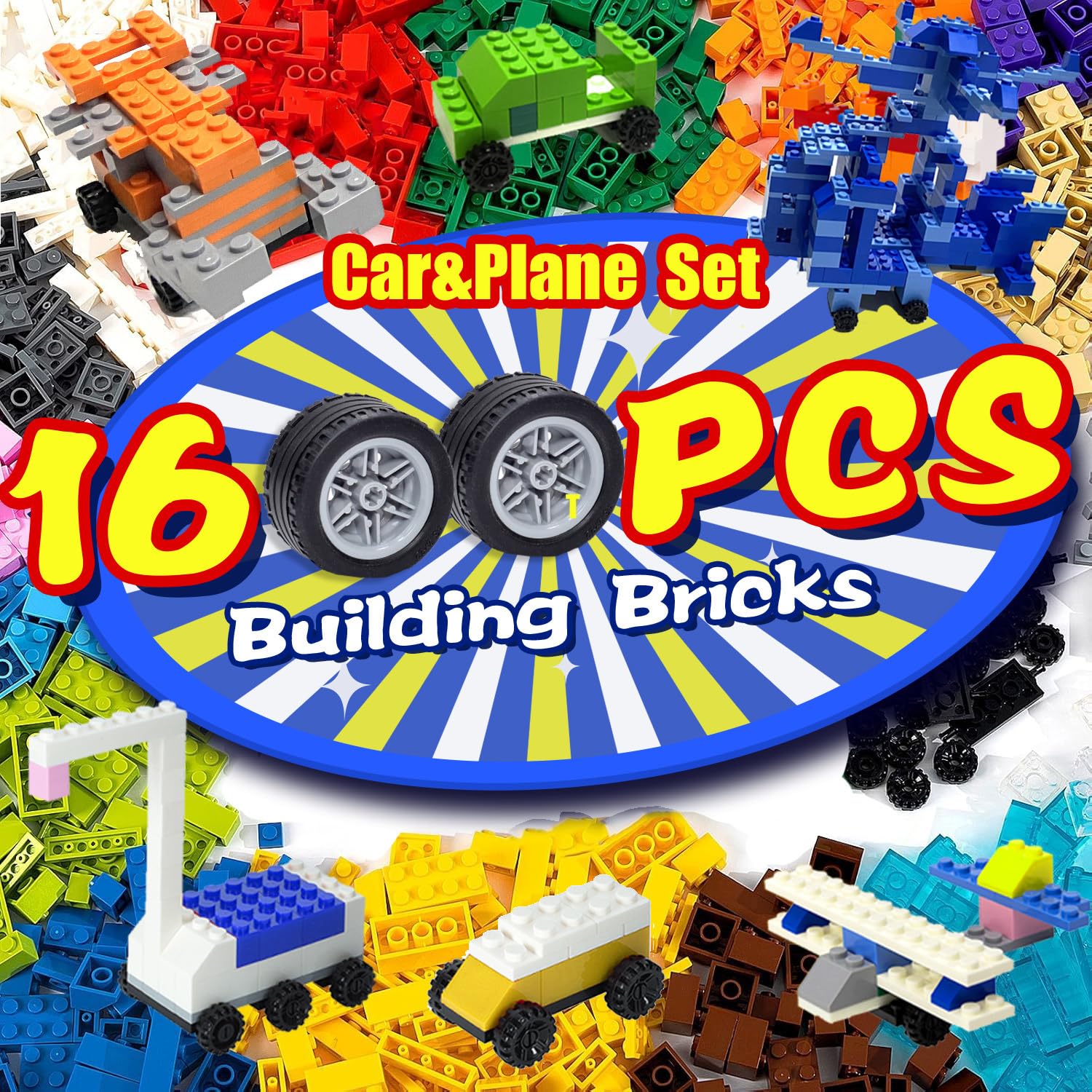 1600 Pieces Building Bricks with 32 Wheel Building Blocks Set, Classic Bulk Blocks Set Creative Toy DIY Cars, Planes, Tanks Compatible with All Major Brands 14 Shape/18 Color