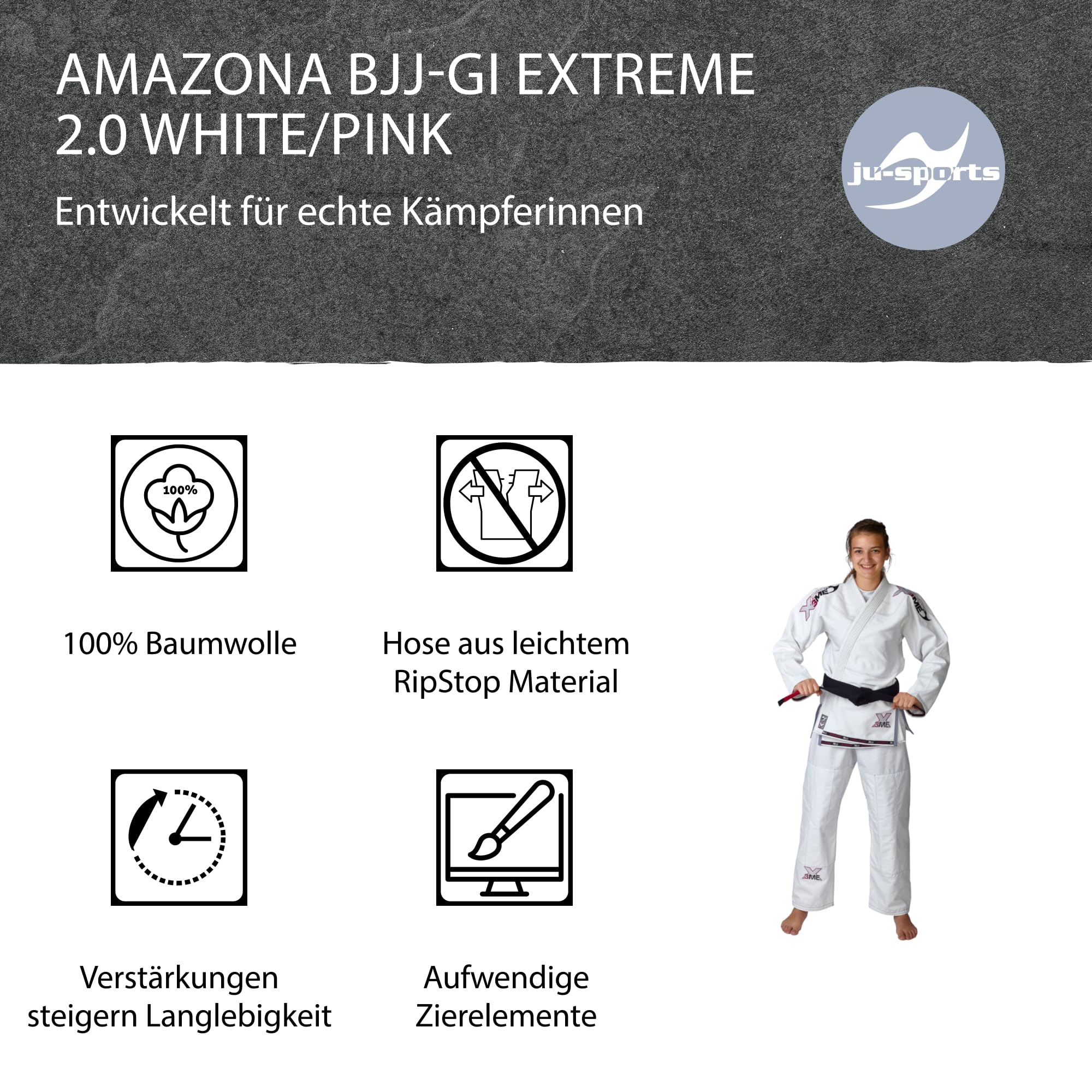Ju-Sports Amazona BJJ-Gi EXTREME 2.0 White/pink Girl I Erstklassiger Brazilian Jujutsu Anzug speziell für Kinder nach Vorgaben der JJIF I 100% Baumwolle