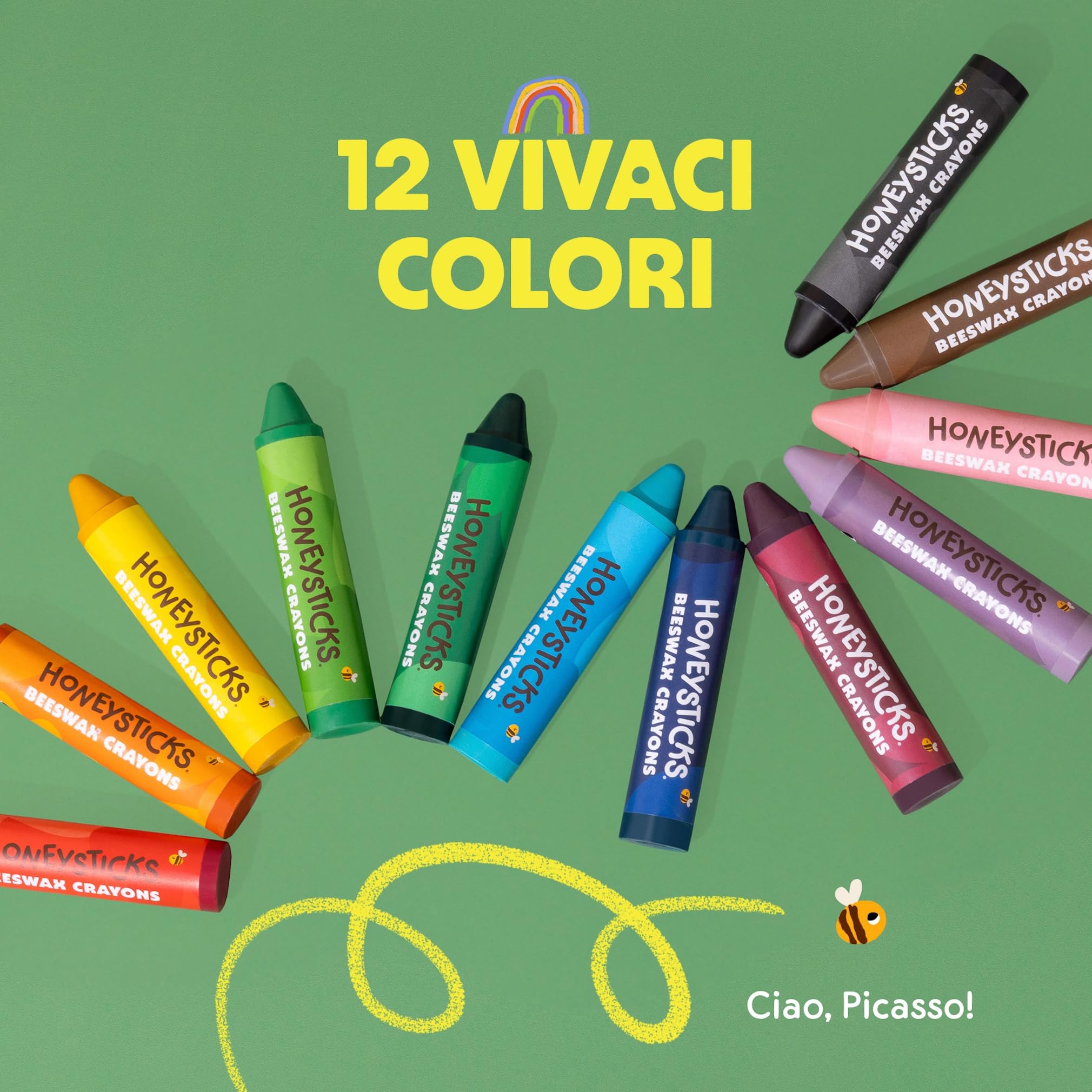 Honeysticks Super Jumbo Pastelli di cera (pacco da 12) - 100% cera d'api, colori alimentari, non tossici, per bambini 1-3 anni, infrangibili, extra-large, facili da tenere e usare, eco-compatibili