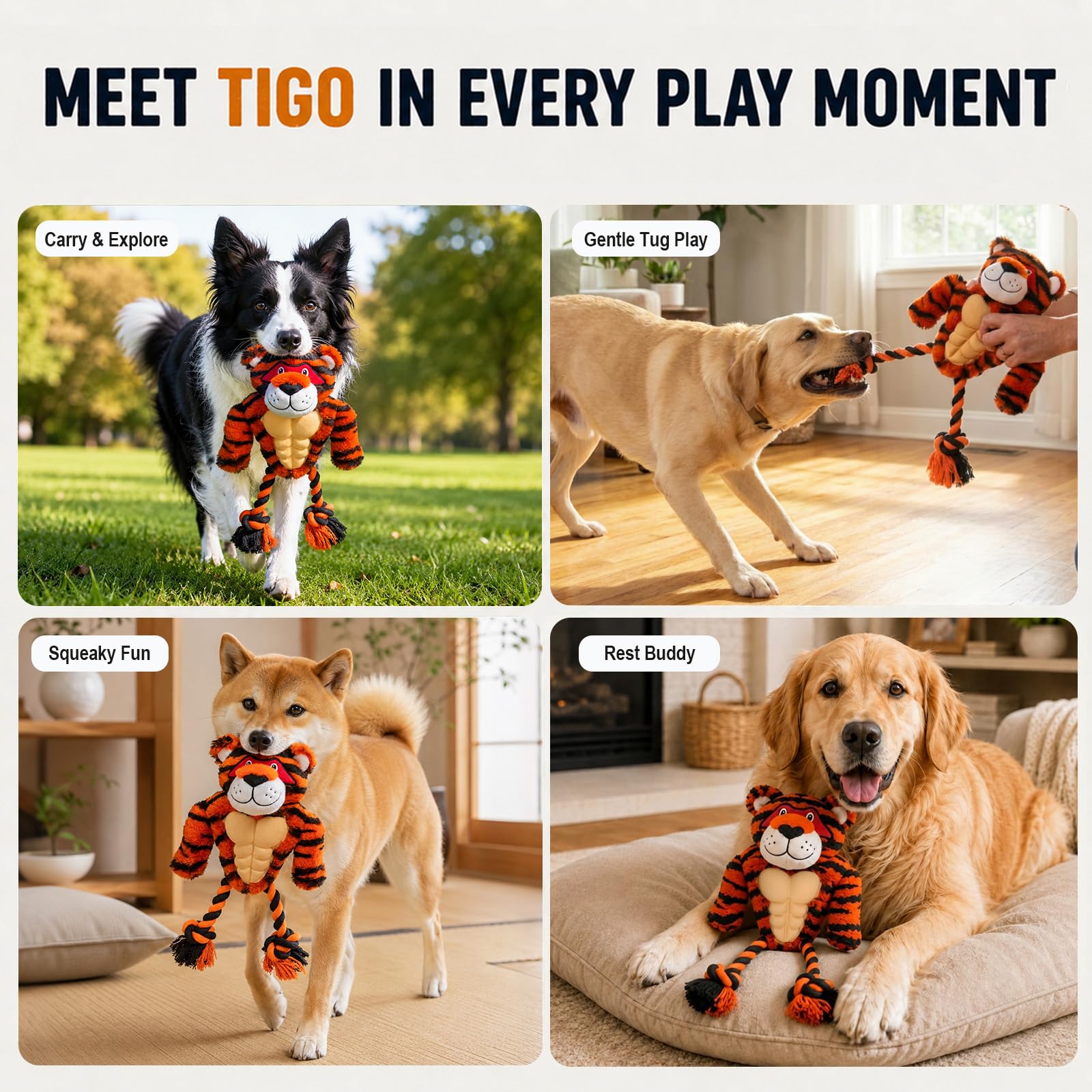 Juguete de cuerda chirriante de tigre de peluche, razas de perros pequeños y medianos, juguete de peluche interactivo duradero para masticadores agresivos, dentición de cachorros, ejercicio,