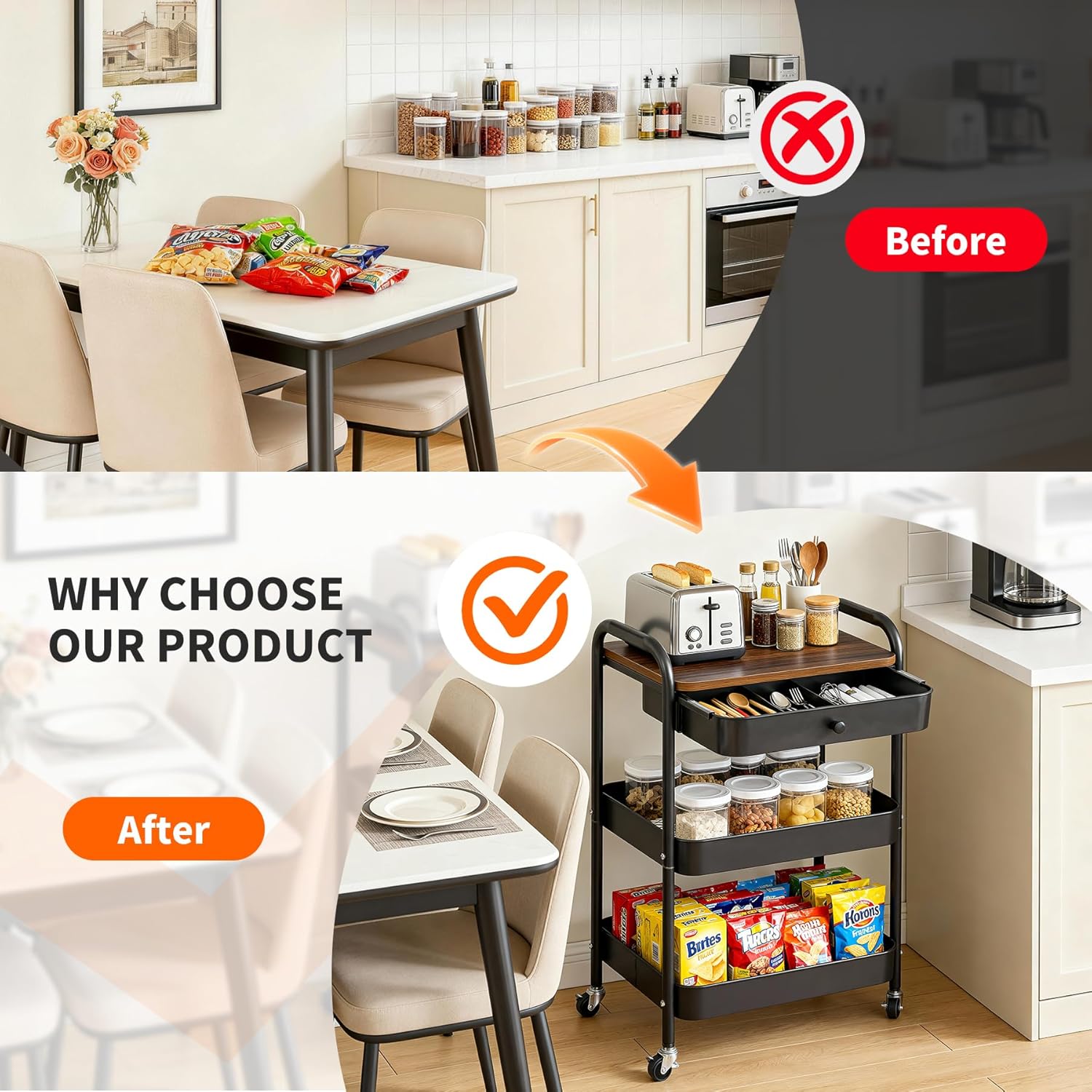 3-Tier Rolling Storage Cart with Wooden Top and Drawer, Metal Mesh Mobile Utility Cart with Handle and Lockable Wheels, Multipurpose Organizer Trolley for Kitchen, Living Room, Bathroom,Office