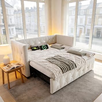 Su & Chan Legence Single Daybed with Pull out Trundle, Upholstered Trundle Bed with Charging Station, Single Sofa Bed for Living Room and Bedroom, No Mattress, 90 x 190cm, Velvet, Beige