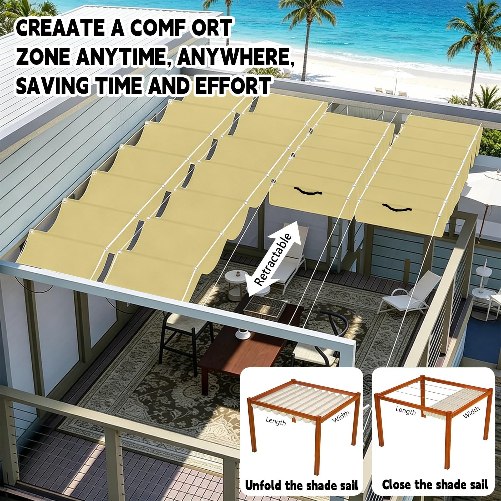Toldo Retráctil Ondulado 100 x 1050 cm con Ojales y Cuerda, Vela Sombra Impermeable y Rectangular con Bloqueo UV y Resistencia a Desgarros para Jardín Porche Patio Barbacoa, Amarillo Arena