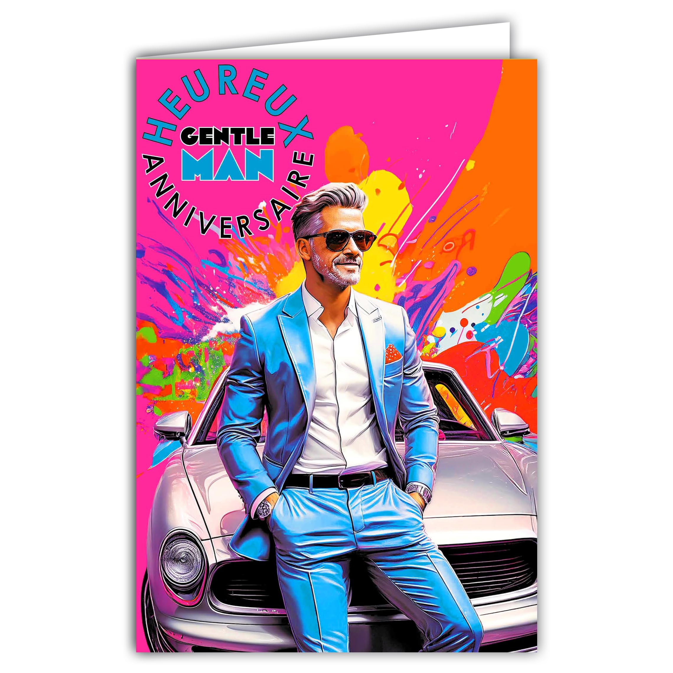 69-8172 Happy Birthday Card for Gentleman Man Elegant Chic Car Collection Pop Art Street Art with White Envelope 12 x 17.5 cm Made in France