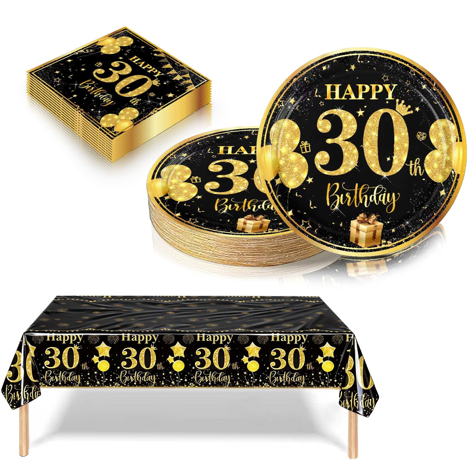 30th Birthday Decorations Black And Gold, 37Pcs Happy Birthday Party Tableware include Paper Plates and Napkins, Plastic Table Cloth for Man Women 30th Party Table Decorations (16 Guest)