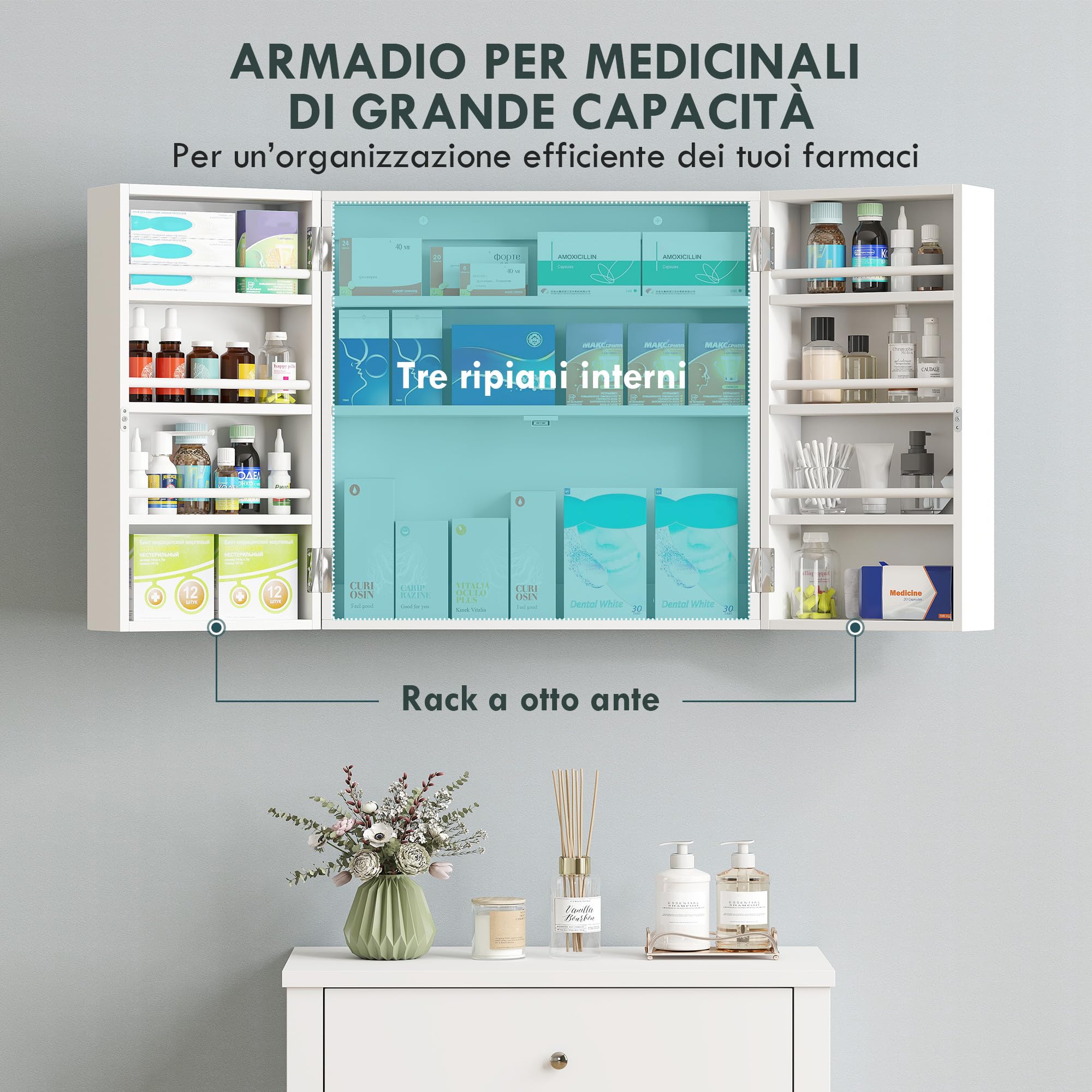 HOMCOM Armadietto Porta Medicinali da Parete con Chiavi 53x20x53cm Bianco