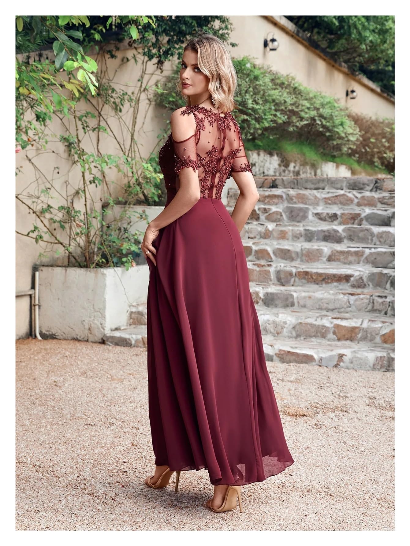 Vestido Dama de Honor Vestido de Dama Honor con Cuentas Perlas, ilusión Manga Corta, Bohemio, for Fiesta Boda, Vestidos Invitados Gasa, Corte A for Mujer para la Boda