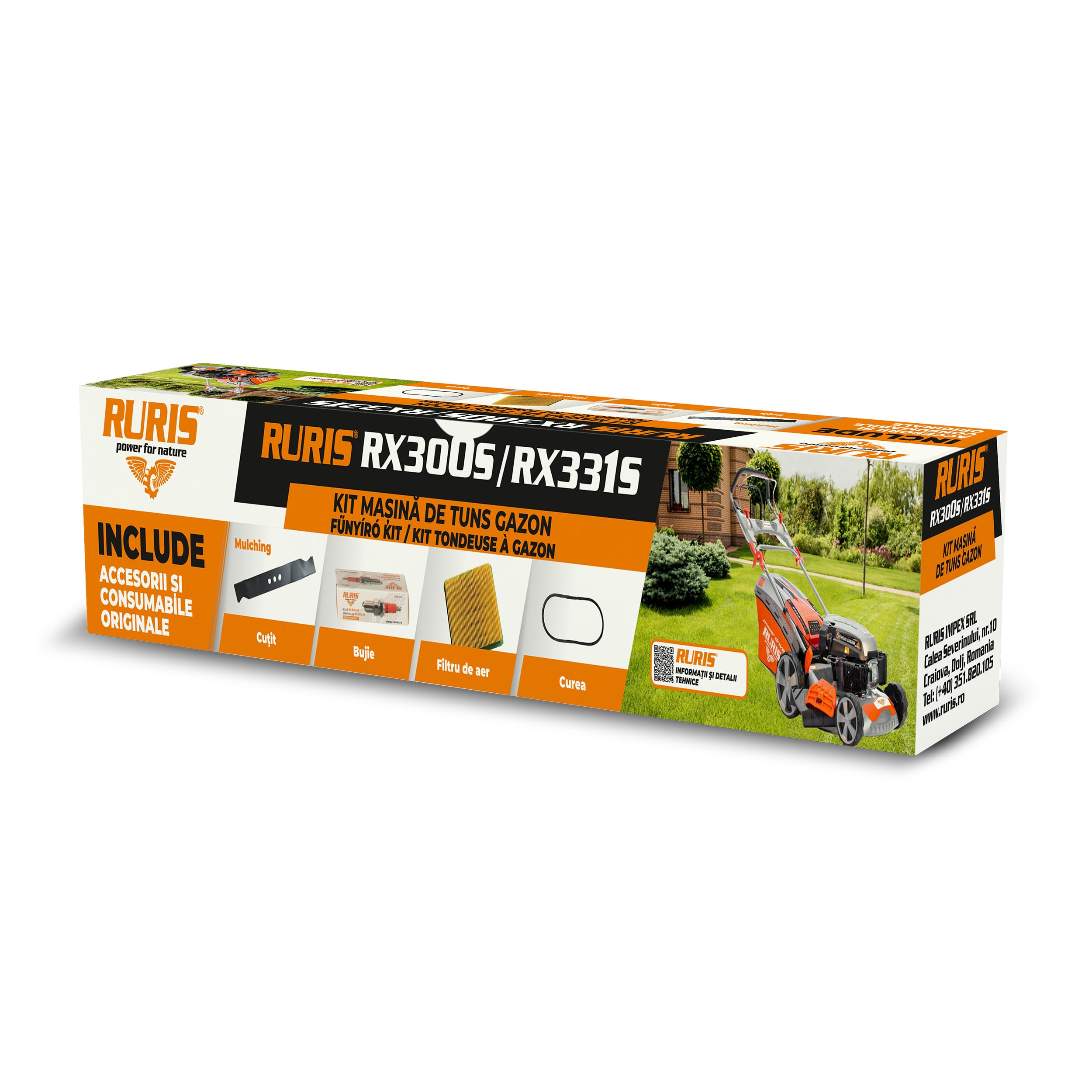 Kit Maintenance Tondeuse RURIS avec Lame Haute Résistance et Courroie Synchrone Orange