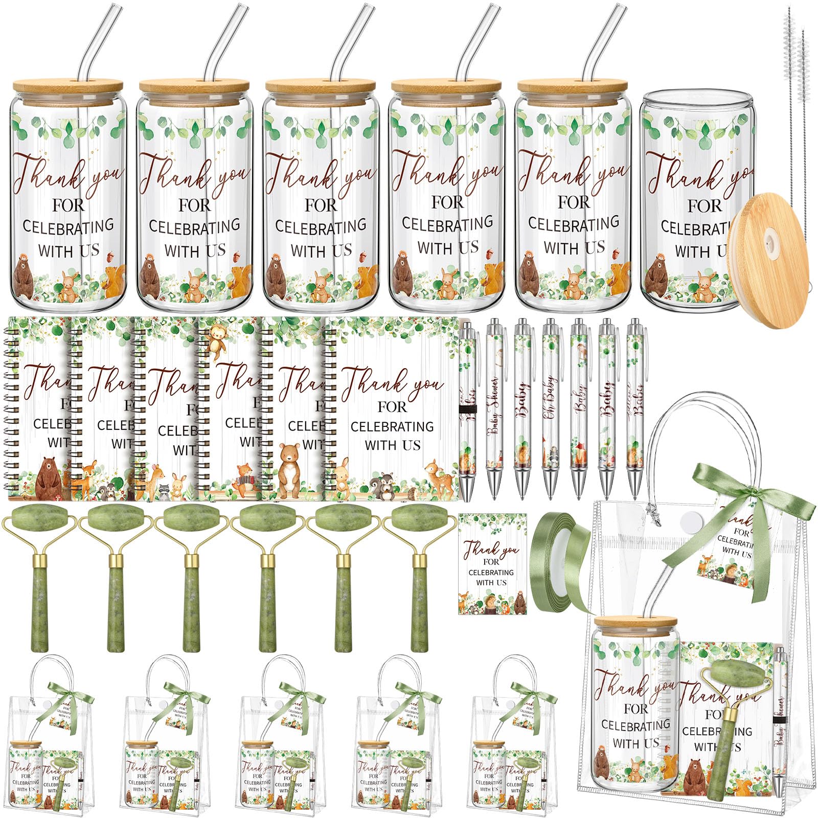 Reallnaive 6 Set Woodland Animal Baby Shower Game Prizes for Player Winners Tumblers with Lids Straws Roller for Face Pens Spiral Notebooks Gift Bags