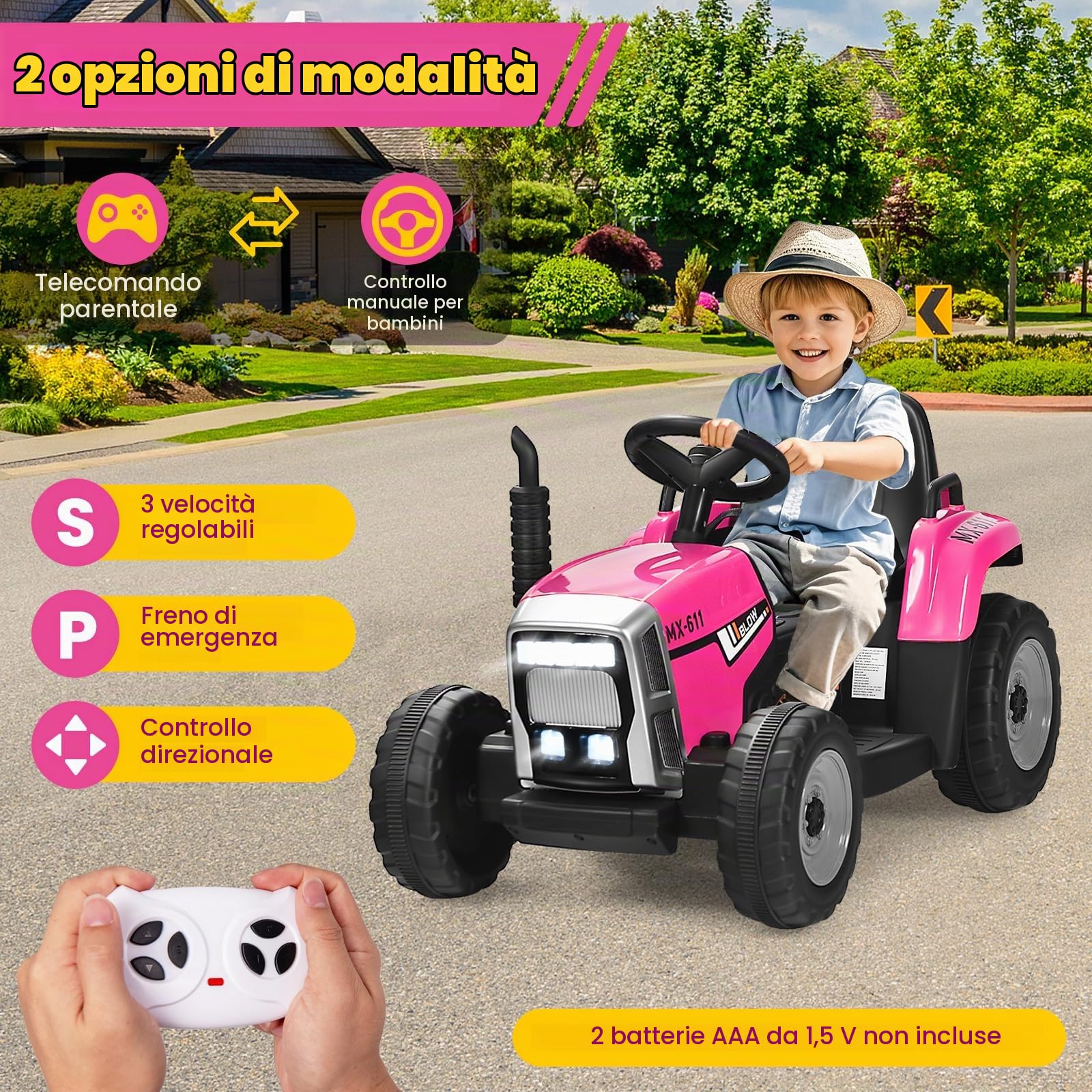 RELAX4LIFE Trattore Cavalcabile Elettrico per Bambini 12V a Batteria Ricaricabile con Telecomandato, Acceleratore a Pedale, Luci e Suoni e Rimorchio Rimovibile, 134 x 51 x 53 cm, Rosa