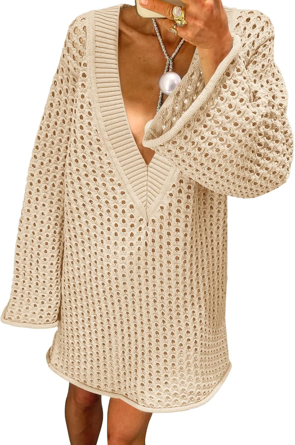 Saodimallsu Women Crochet Cover Up Long Sleeve Deep V Neck Hollow Out Sweater Oversized Beach Mini Dress Bathing Suit Coverup Large Khaki