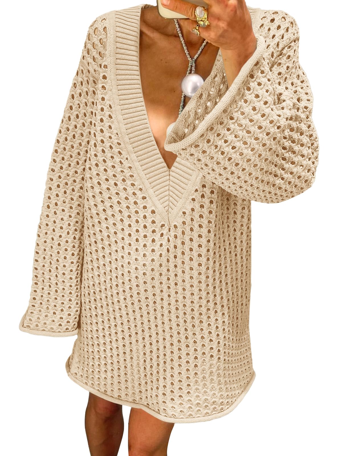 Saodimallsu Women Crochet Cover Up Long Sleeve Deep V Neck Hollow Out Sweater Oversized Beach Mini Dress Bathing Suit Coverup