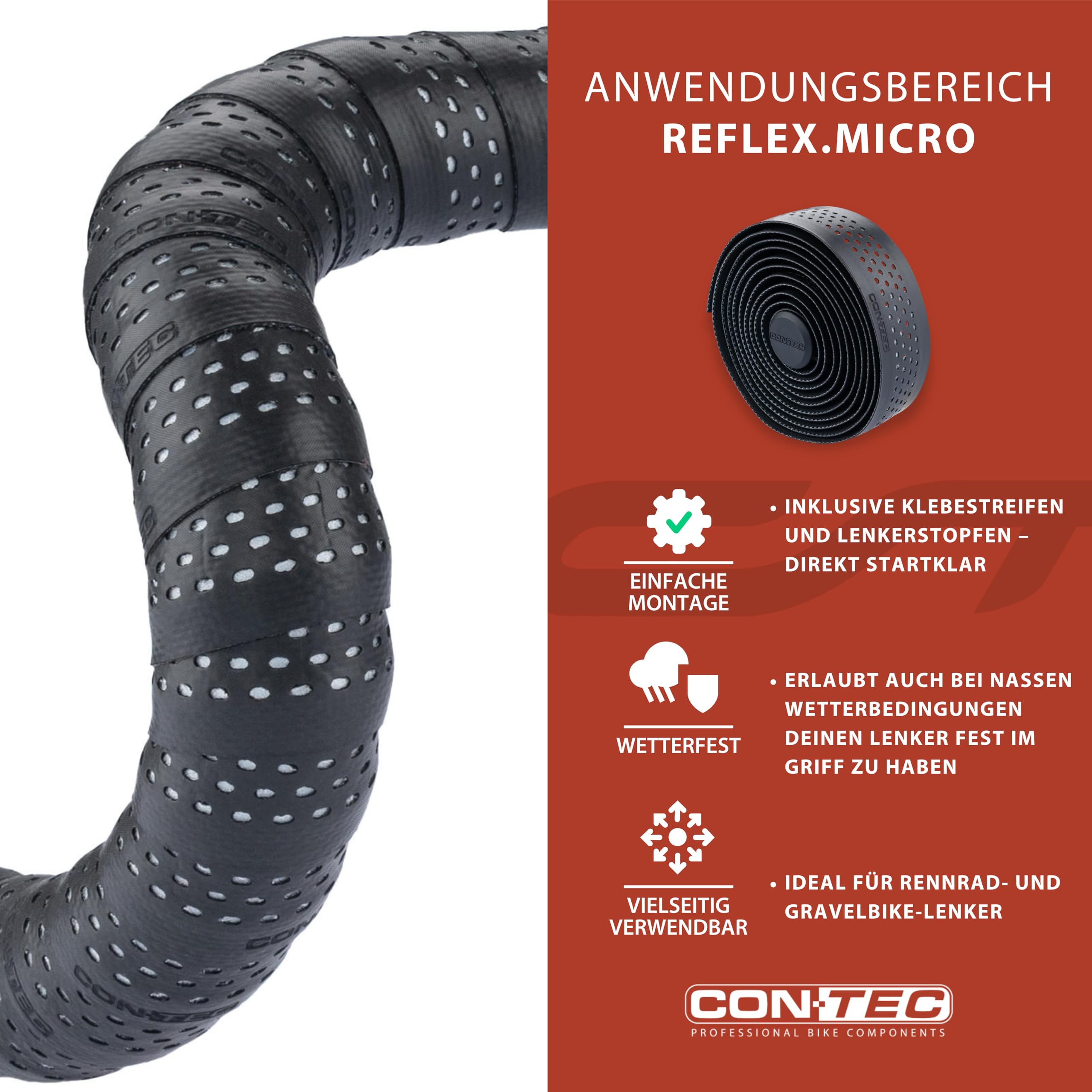 CONTEC Lenkerband Reflex.Micro, 2000x30x2,5 mm, aus Polyurethan und Schaummatrix, selbstklebend und rutschsicher, mit Klebestreifen und 2 Lenkerstopfen, Paar, schwarz reflektierend