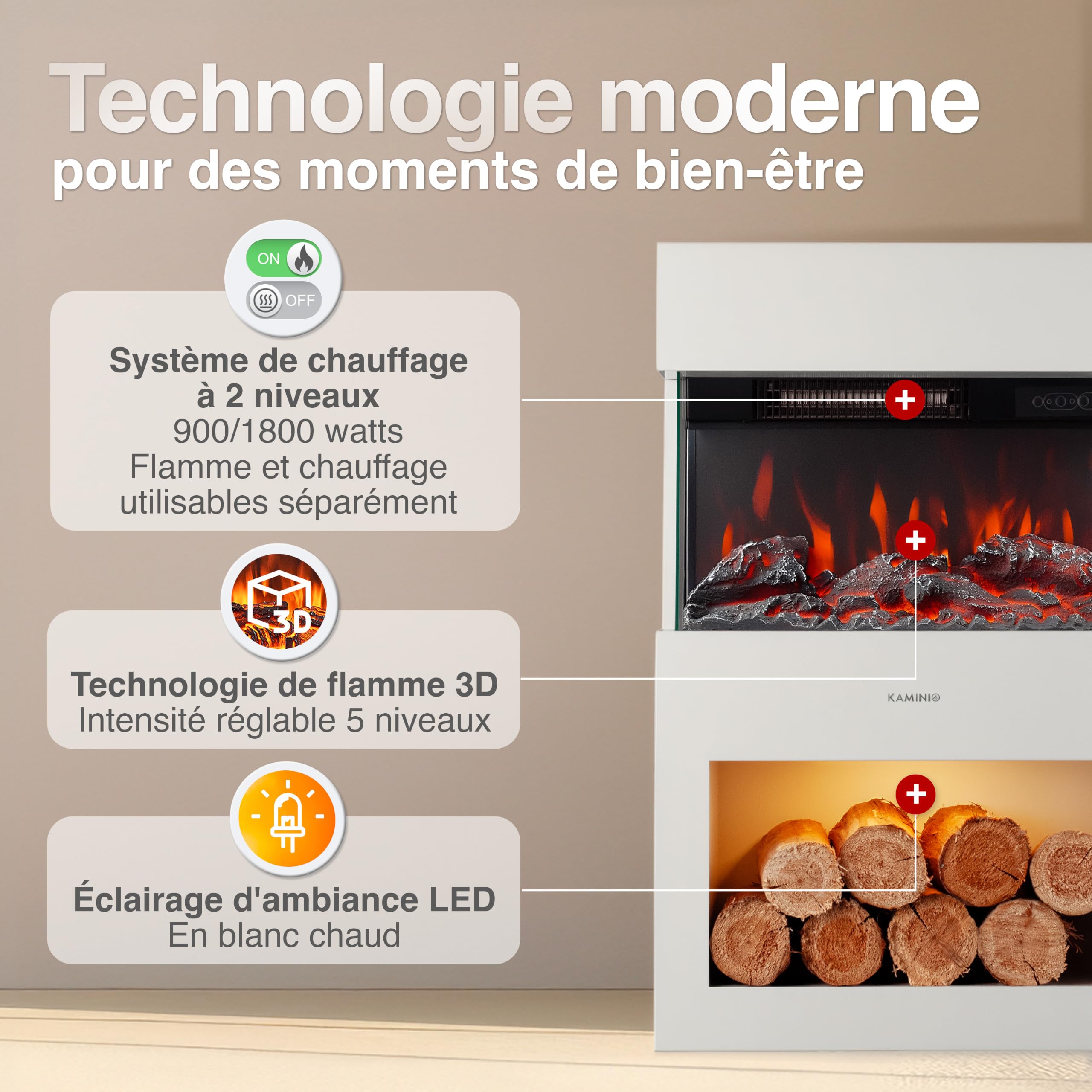 KAMINIO Cheminée Electrique Henri - Poêle Électrique avec Chauffage, Effet de Flamme 3D, Compartiment à Bois, télécommande (Blanc)