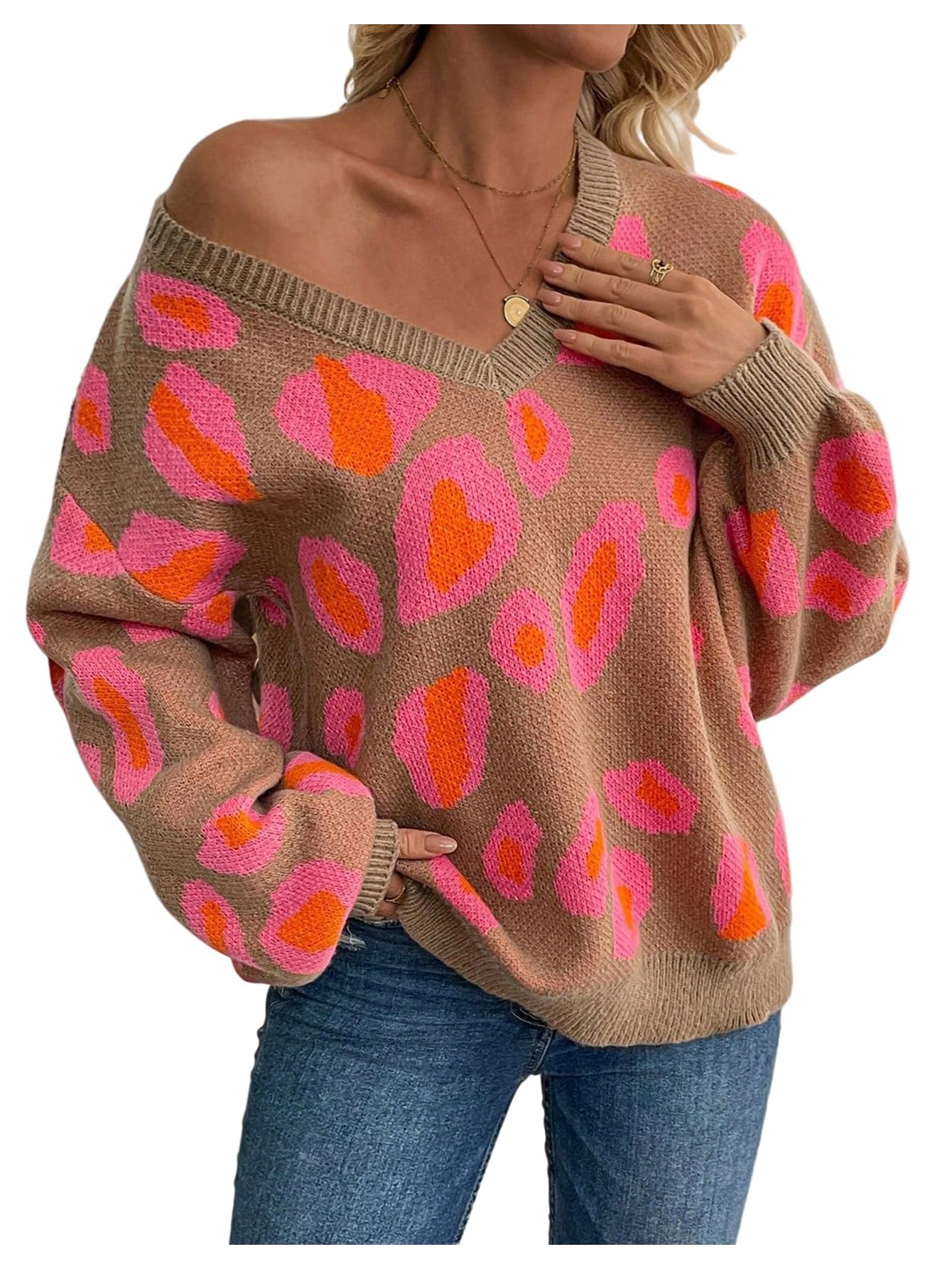 SOLY HUX Womens Leopard Print Knit Sweater V Neck Long Sleeve Tops Casual Pullover Fall Outfit
