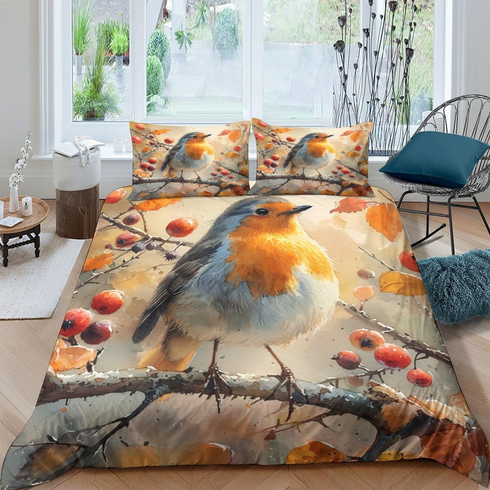 Ctjqhvkz Style-8 3D Printed Robin Bird Fitted Sheet Microfiber Autumn Berry Mattress Cover For Bedroom Dorm Decorative Protection Single（135X200cm）