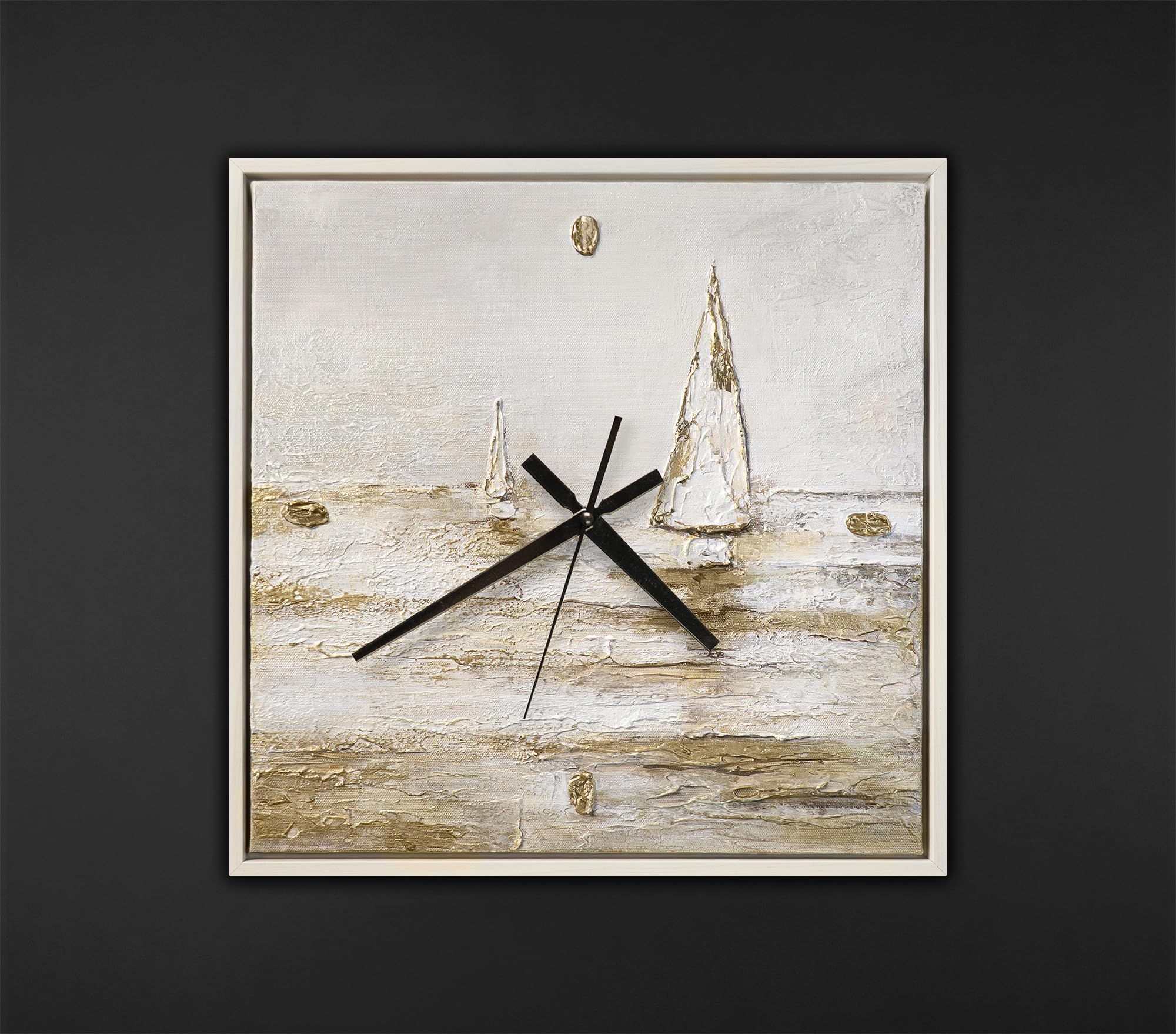 YS Wall Clock Hand Painted 35 x 35 cm - White Sailing Boat on Gold Sea Art Gallery
